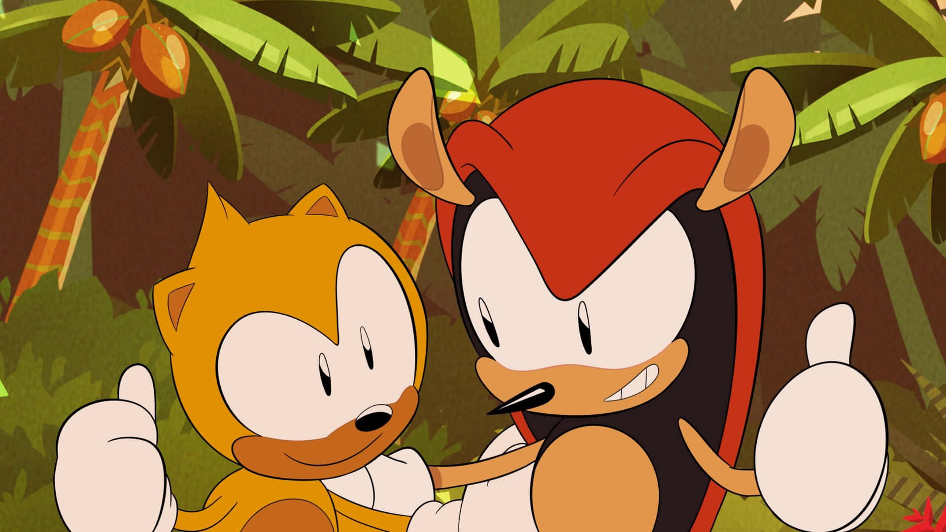 Mighty The Armadillo 桌布 壁紙 — Tails 和 Knuckles 在一個有懸掛水果和綠色植物的茂密叢林中豎起大拇指。