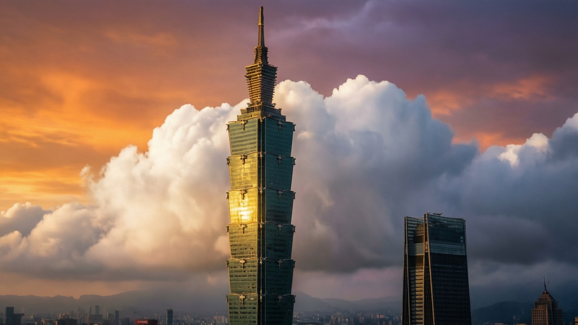 台北101大樓在日落光線中發光，背後有雲和城市景觀