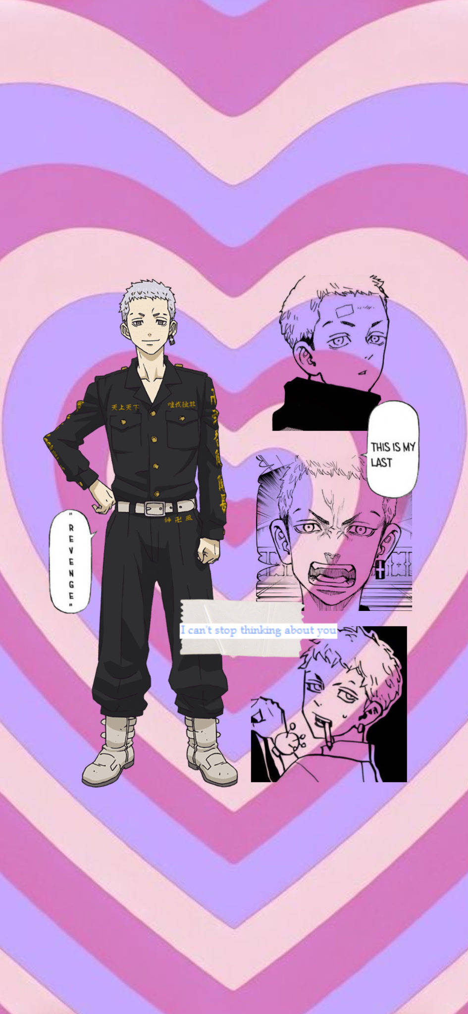 Takashi Mitsuya 漫畫條藝術 壁紙 — 身穿制服的動漫角色自信地站在粉紅色和紫色心形圖案背景前，並有漫畫格展示情感表情。