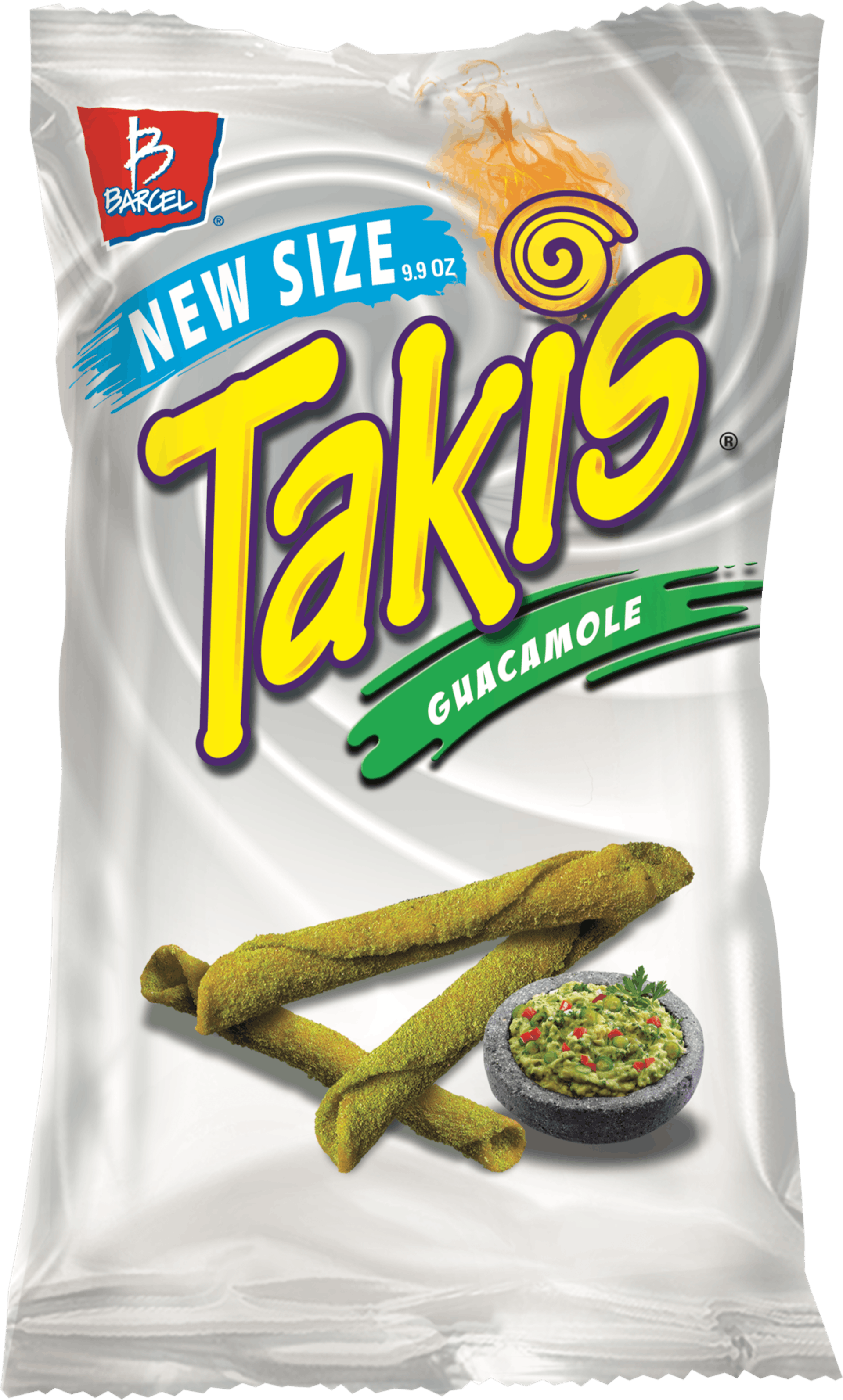 Takis牛油果風味零食包裝 壁紙 — 一個白色嘅Takis牛油果醬味薯片袋，配上綠色粉末零食同牛油果醬蘸醬，喺綠色背景前展示。