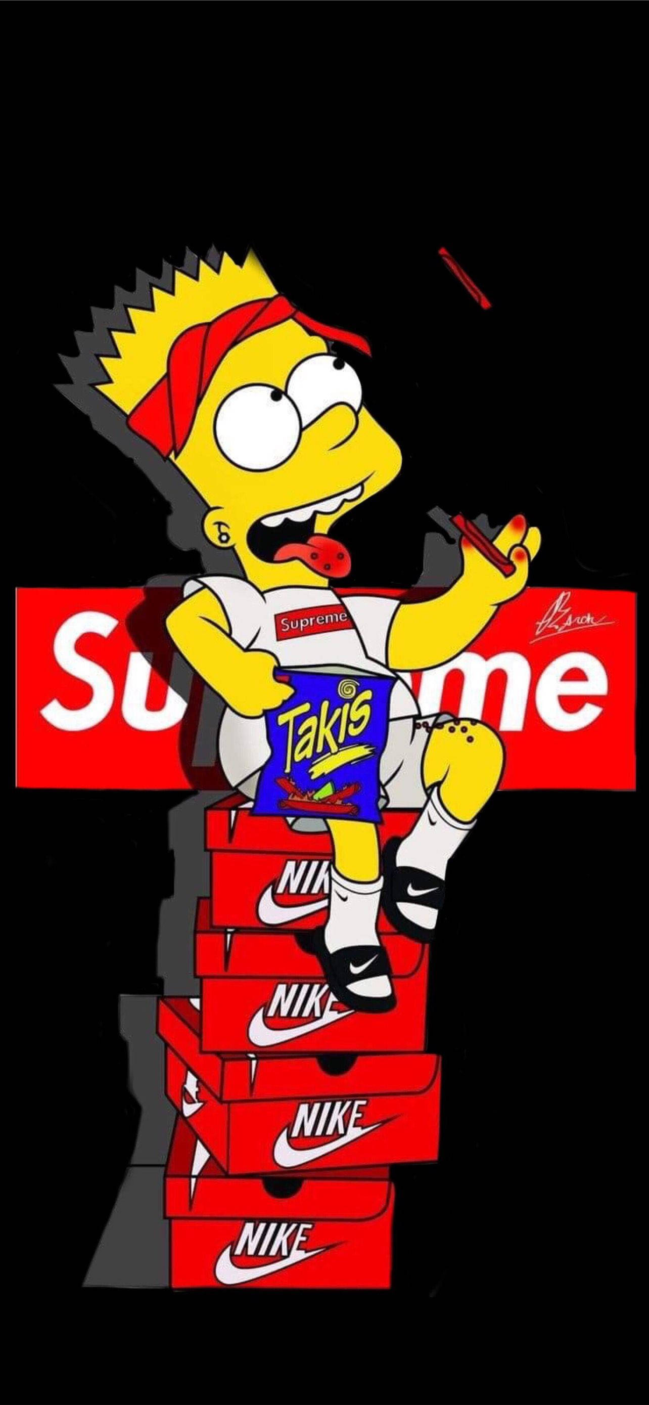 巴特·辛普森與Takis紅色Supreme 壁紙 — Bart Simpson 穿著 Supreme 襯衫，坐在一堆 Nike 盒子上，手持 Takis 袋，背景為黑色。