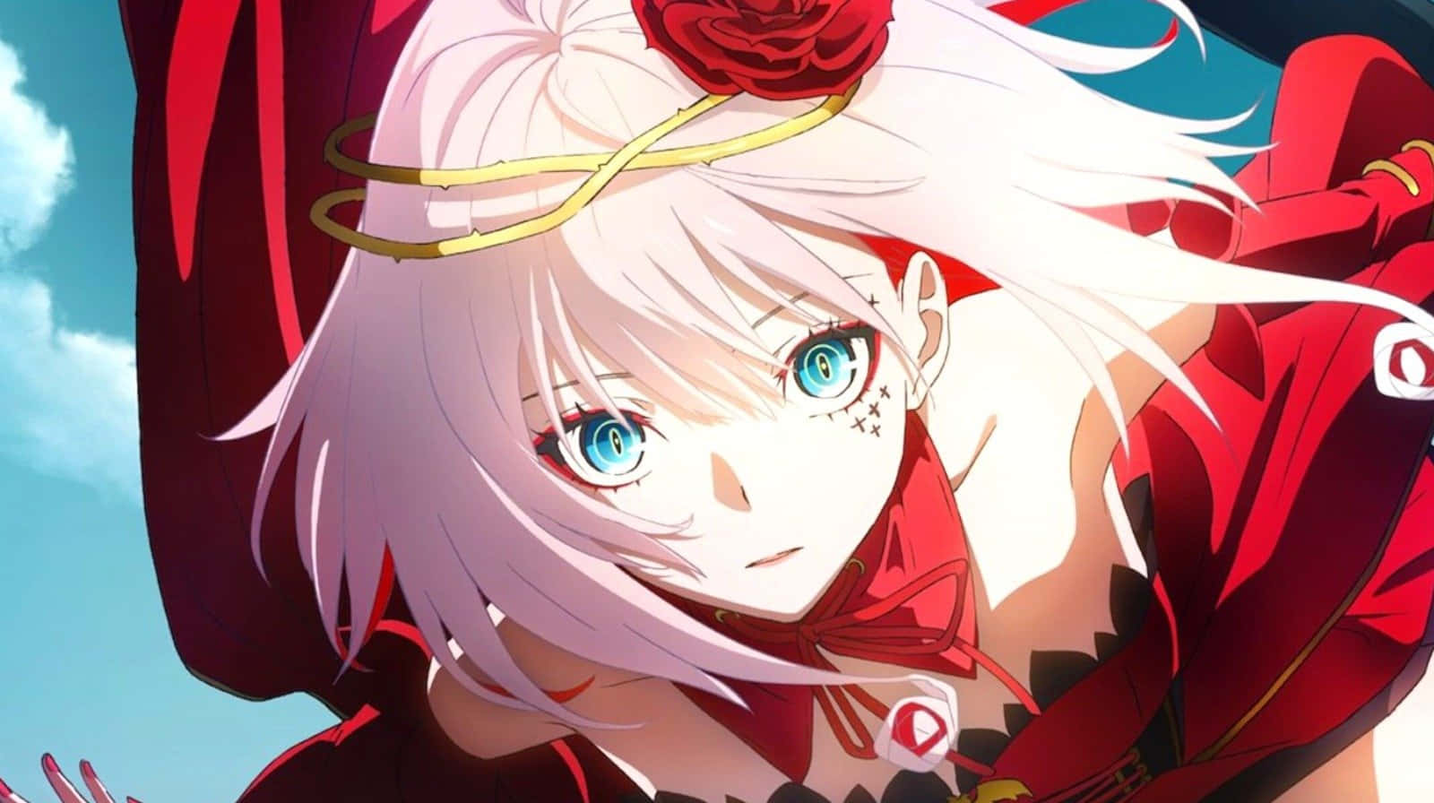 白髮藍眼的動漫少女，身穿紅色服裝和玫瑰冠冕。