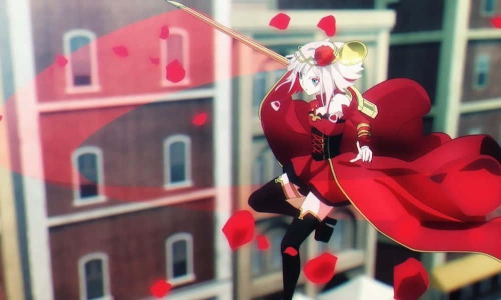 動漫少女身穿紅色服裝，在城市飄落的花瓣中持矛跳躍。