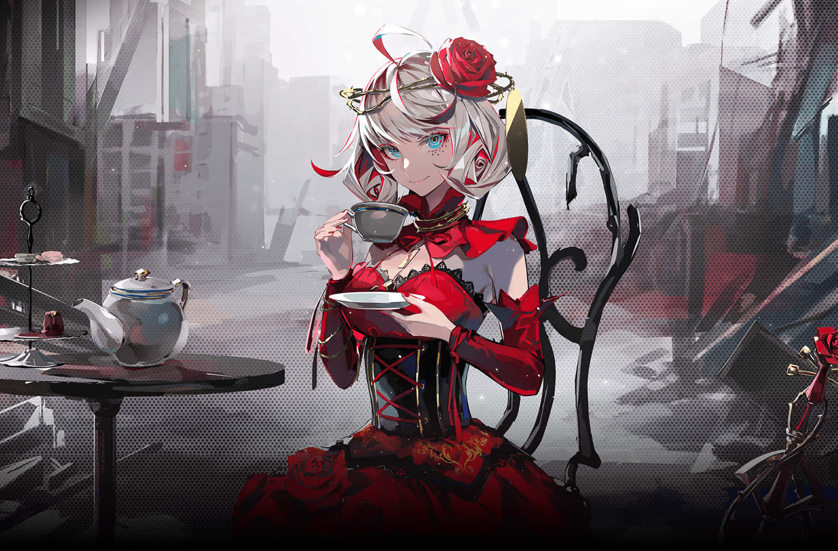 穿著紅色哥德式連衣裙的動漫少女在霧氣瀰漫的城市咖啡館裡喝茶。