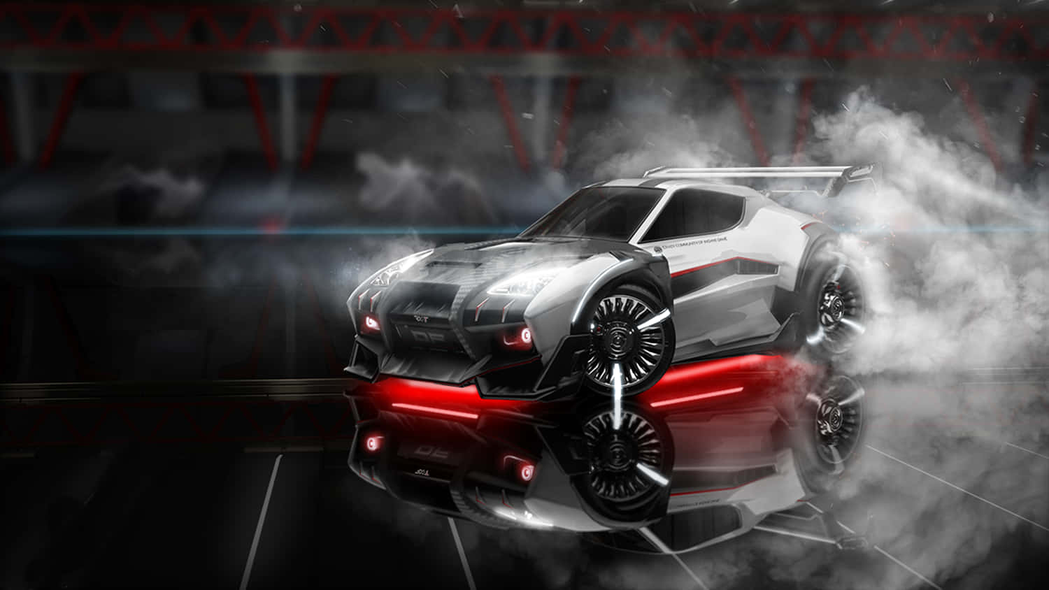 火箭聯賽 Takumi RX-T 賽車 4K 壁紙 — 一輛時尚的銀黑賽車在紅色工業橫樑下的反光賽道上煙霧中飄移。