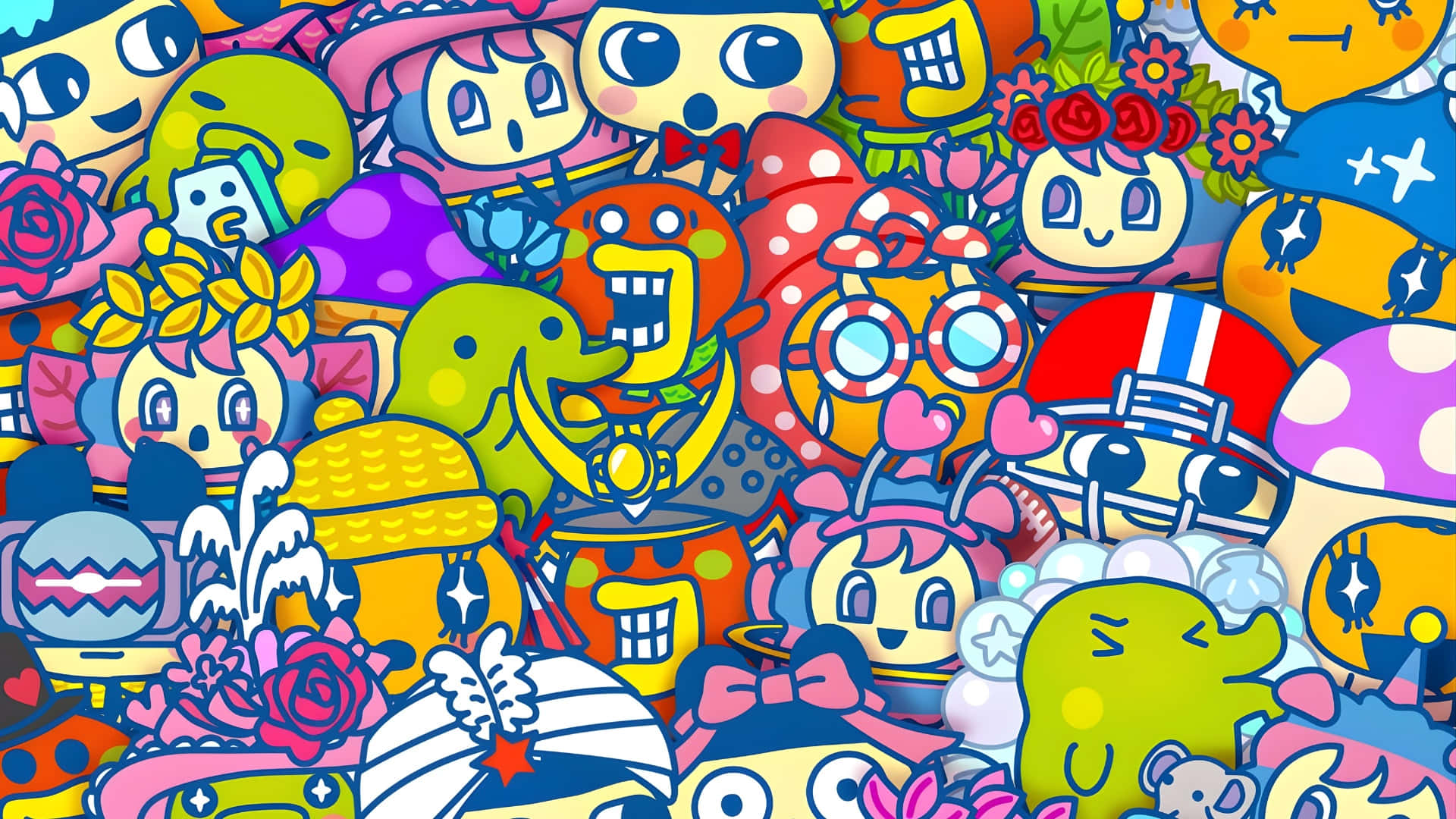 Tamagotchi角色拼貼畫 壁紙 — 一幅充滿活力、混亂的拼貼畫，包含色彩繽紛的卡通人物和花朵，採用大膽的輪廓和飽和的色調。