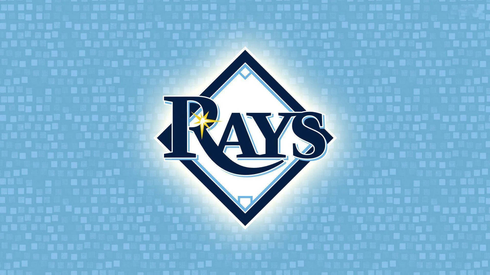 Tampa Bay Rays 棒球隊隊標 壁紙 — 一個發光的坦帕灣光芒隊棒球標誌，居中在淺藍色像素化背景上。