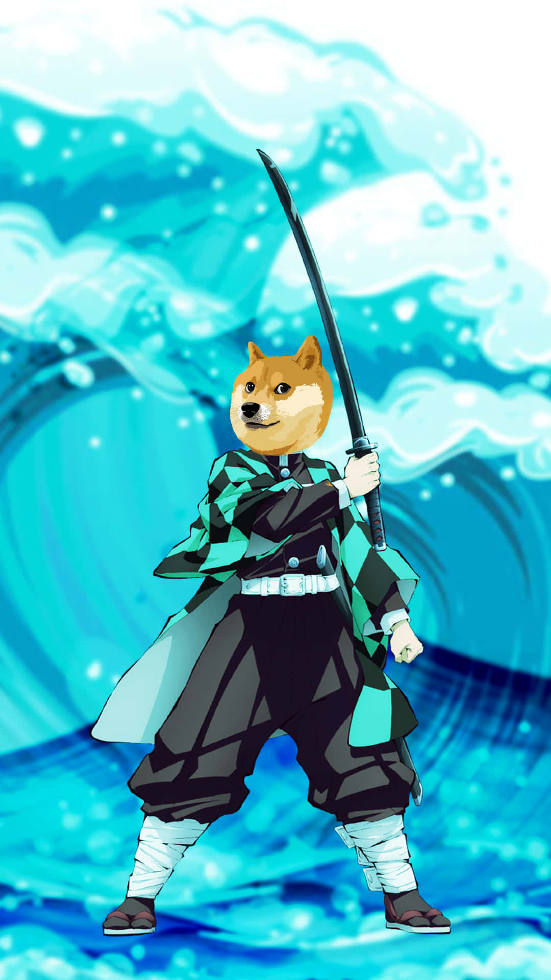 動畫角色以狗頭武士形象在藍色波浪背景中持劍