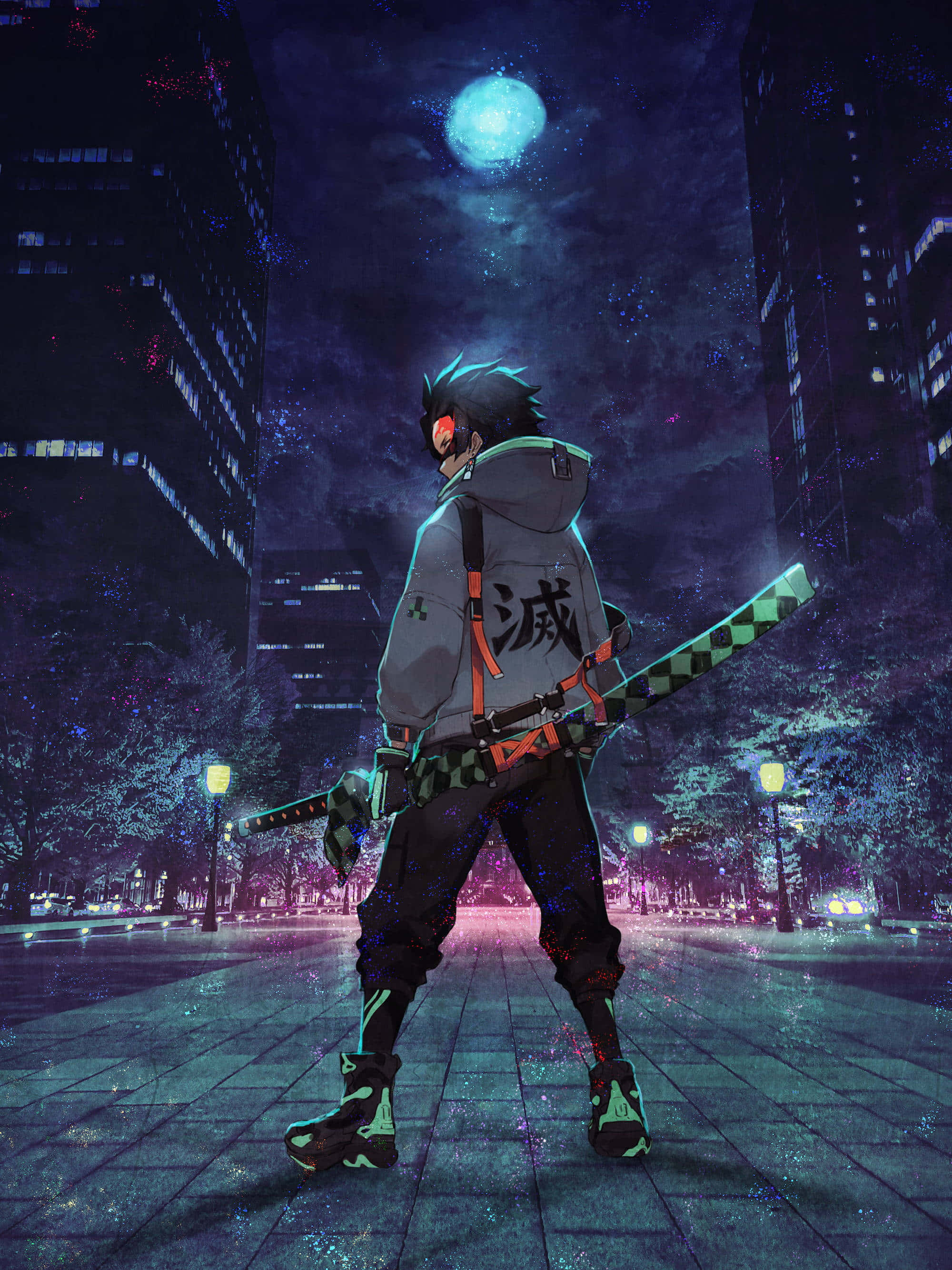 現代少年 Tanjiro PFP 壁紙 — 一個孤獨的動漫戰士手持劍，站在霓虹燈照亮嘅城市街道上，月亮發光。