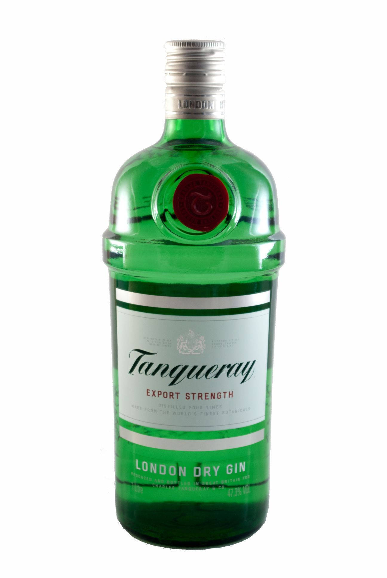 Tanqueray倫敦乾金酒白色背景 壁紙 — 一瓶清澈綠色的Tanqueray Export Strength London Dry Gin，孤立地立在純白背景前。