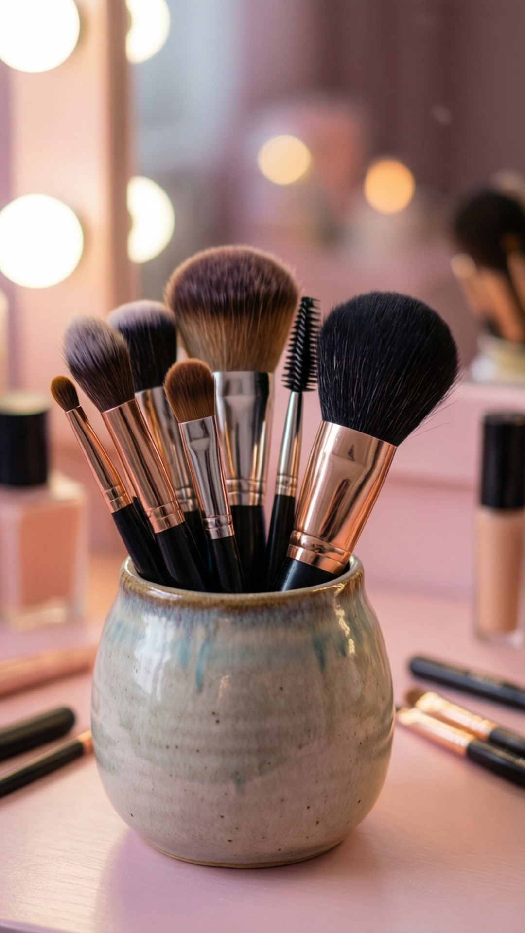 Beauty Tools 壁紙 — 一個陶瓷花瓶裝著各種化妝刷，放在一個帶有柔和燈泡的梳妝鏡前。
