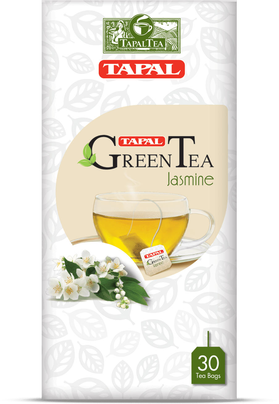 Tapal 綠茶茉莉包裝 壁紙 — 一包Tapal綠茶茉莉花茶，以葉紋背景襯托一杯冒煙的茶和新鮮的白花。