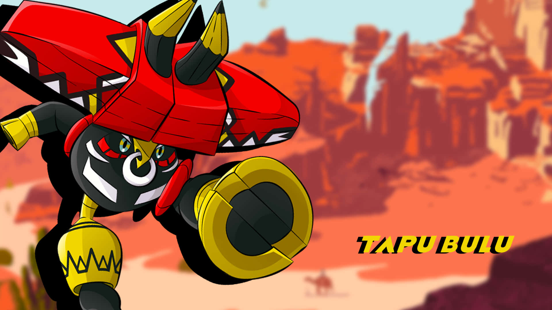 憤怒 Tapu Bulu 的峽谷沙漠美學壁紙 壁紙 — 一個紅色和黃色的機械恐龍角色，在沙漠峽谷背景下擺出動態姿勢。