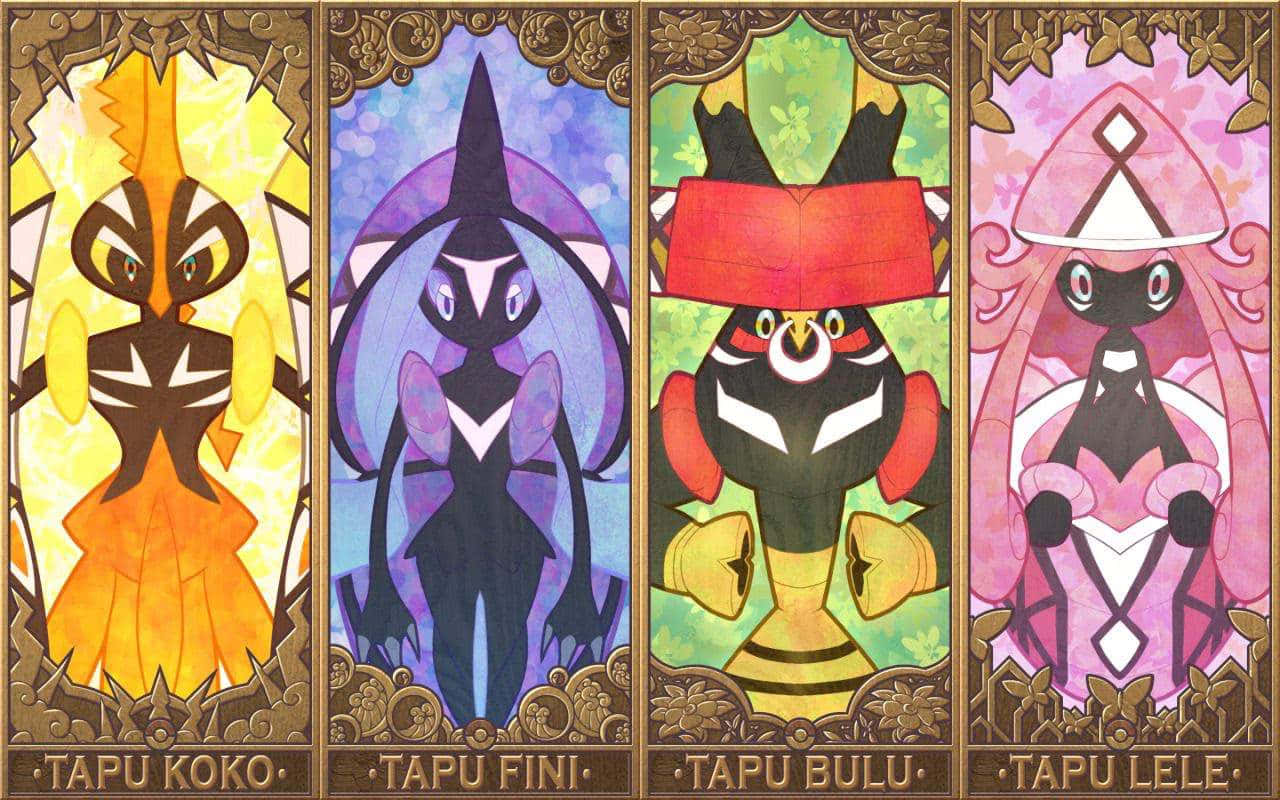 所有 Tapu 系列角色 壁紙 — 四隻風格化的卡璞寶可夢以彩色玻璃面板呈現，配有華麗的金色框架和鮮豔的色彩組合。