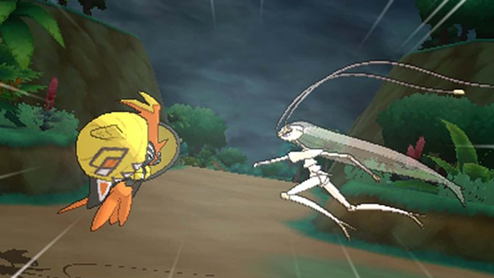Tapu Koko 與 Pheromosa 寶可夢對戰 壁紙 — 兩隻動漫風格嘅寶可夢喺黑暗風暴天空下嘅雨林空地中戰鬥。