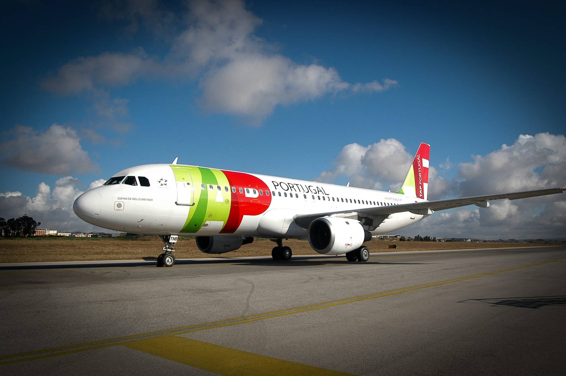 TAP Portugal飛機在藍天白雲下的機場停機坪