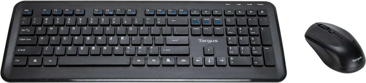 Targus黑色無線鍵盤與滑鼠組合 壁紙 — 黑色Targus鍵盤和滑鼠套裝，在透明背景上隔離，帶有微妙的反射。