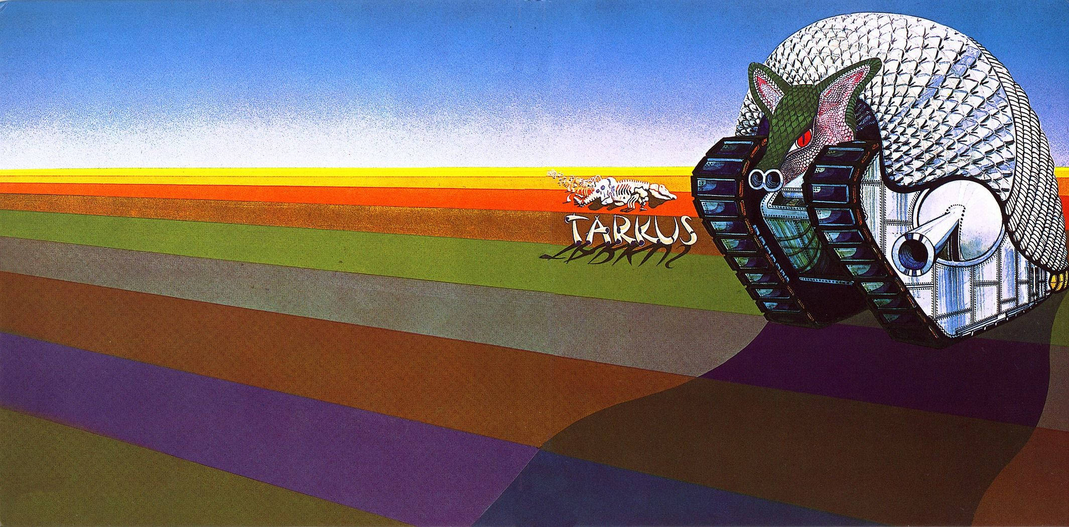 艾默生·萊克與帕爾默《Tarkus》專輯封面 壁紙 — 一幅超現實插圖，描繪一隻機械犰狳，眼睛發出紅光，在晴朗藍天下滾過充滿活力的彩虹條紋景觀。