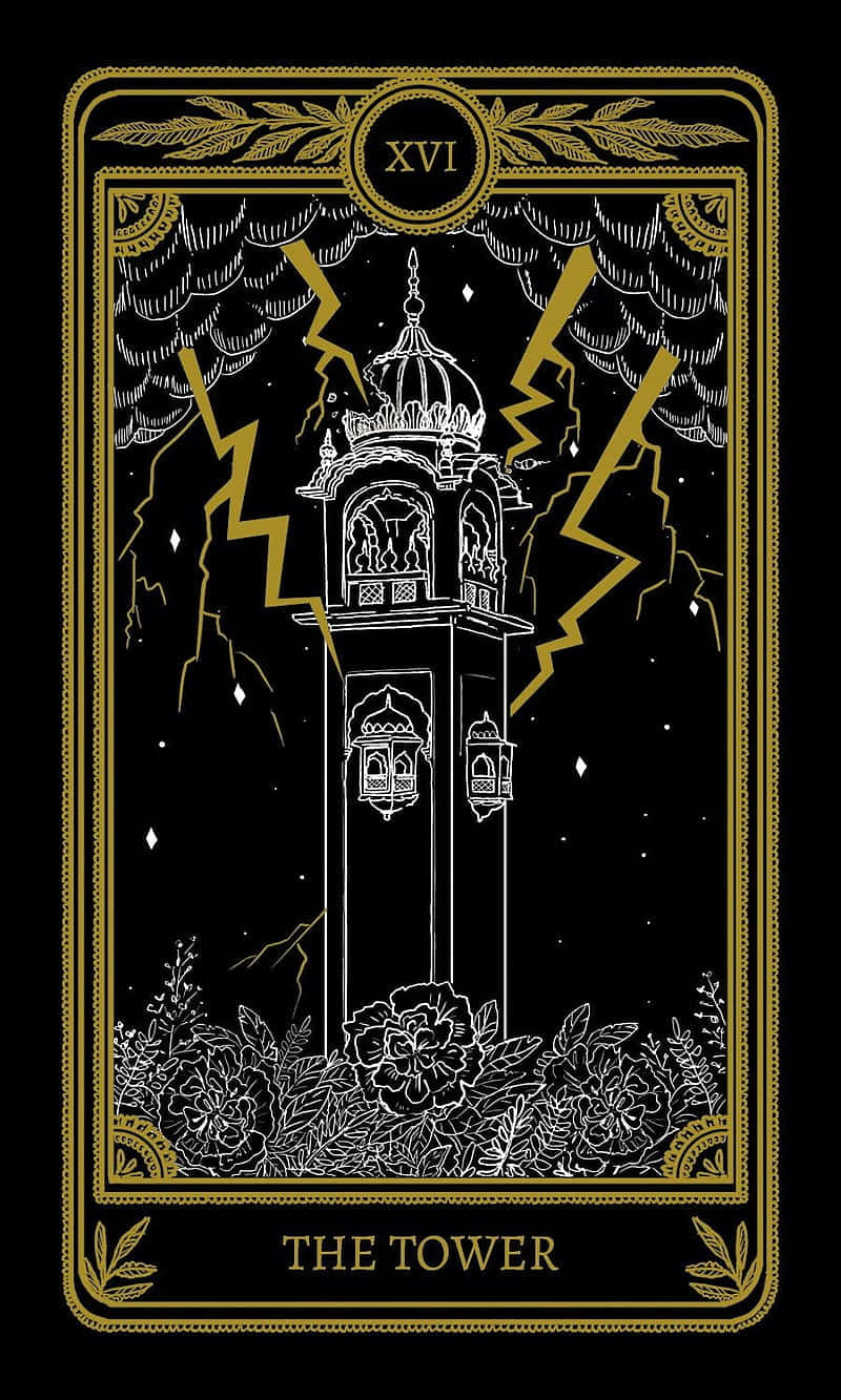  壁紙 — 一張塔羅牌，描繪一座 crumbling 的塔被金色閃電擊中，背景是星空夜空，帶有華麗的花卉邊框。
