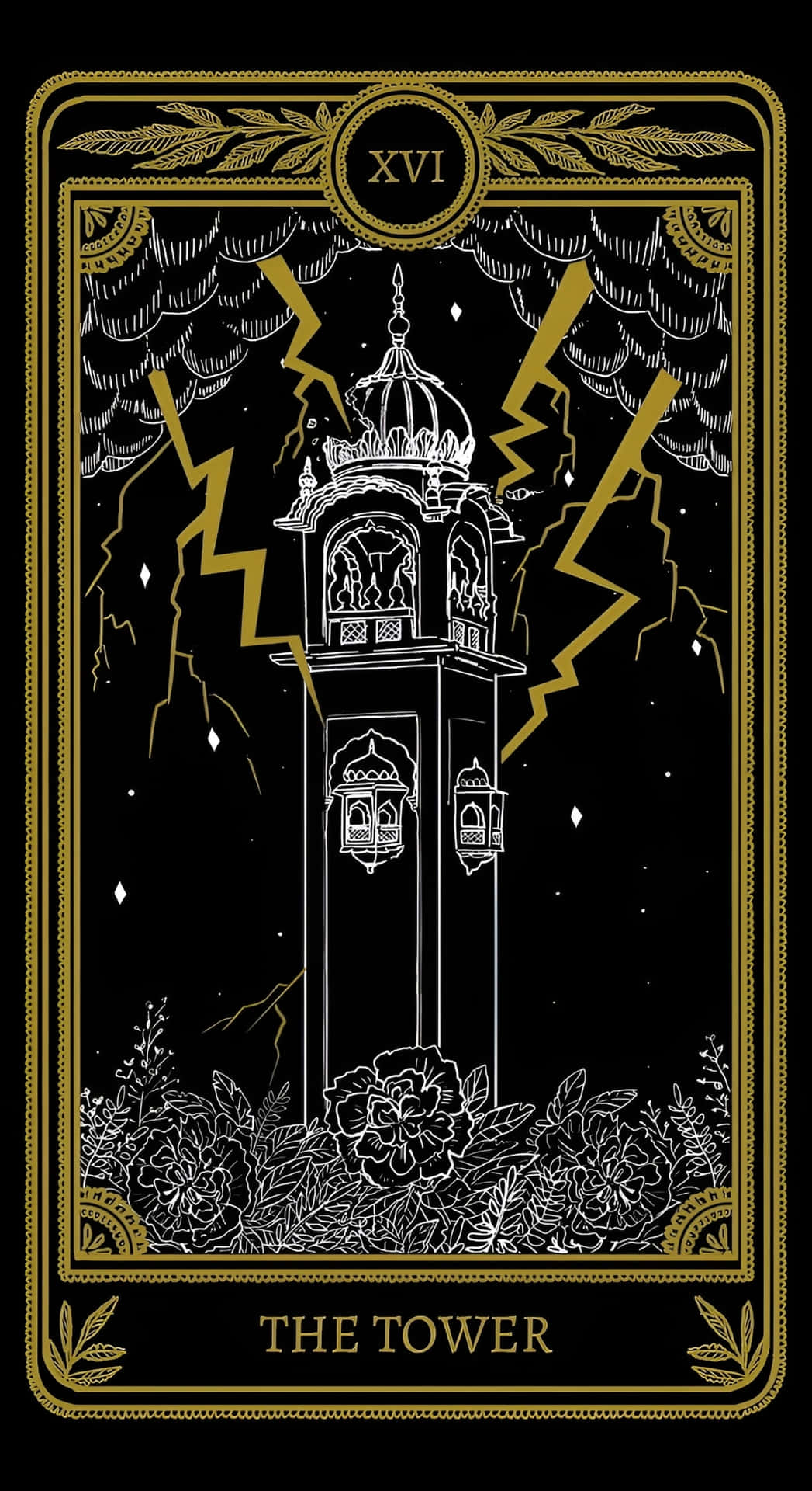  壁紙 — 一張塔羅牌，描繪一座高聳華麗的塔樓被金色閃電擊中，背景是星空夜空，帶有花卉圖案。