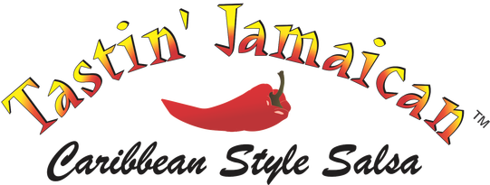 Tastin' Jamaican 加勒比風莎莎醬標誌 壁紙 — 大膽的紅色辣椒標誌，帶有熾熱漸變文字，寫著 Tastin' Jamaican Caribbean Style Salsa。