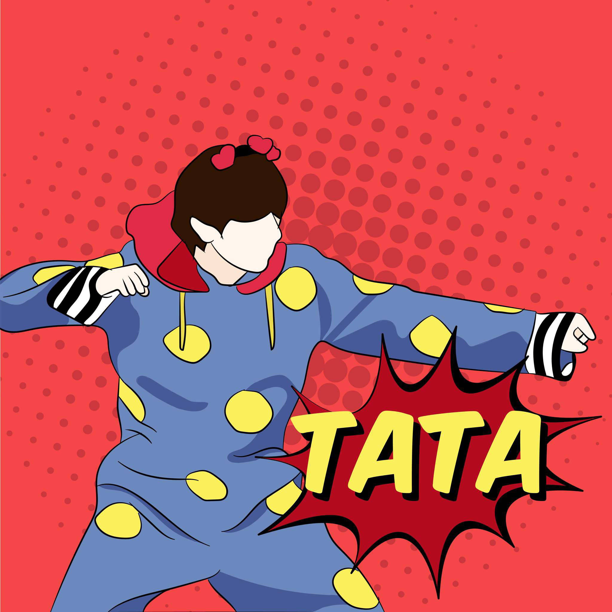 Tata BT21 與 BTS V 藝術畫 壁紙 — 一個風格化的卡通角色穿著藍色圓點服裝，在紅色半色調背景上擺出動態姿勢，並帶有粗體的「TATA」對話氣泡。