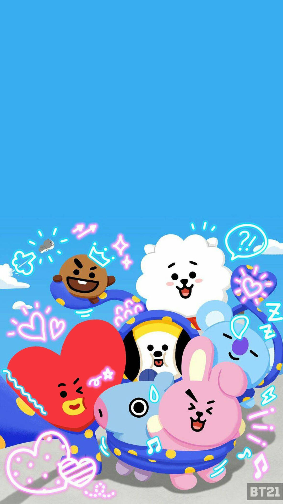 BT21角色在明亮的藍天中漂浮，伴隨著心形和閃光。