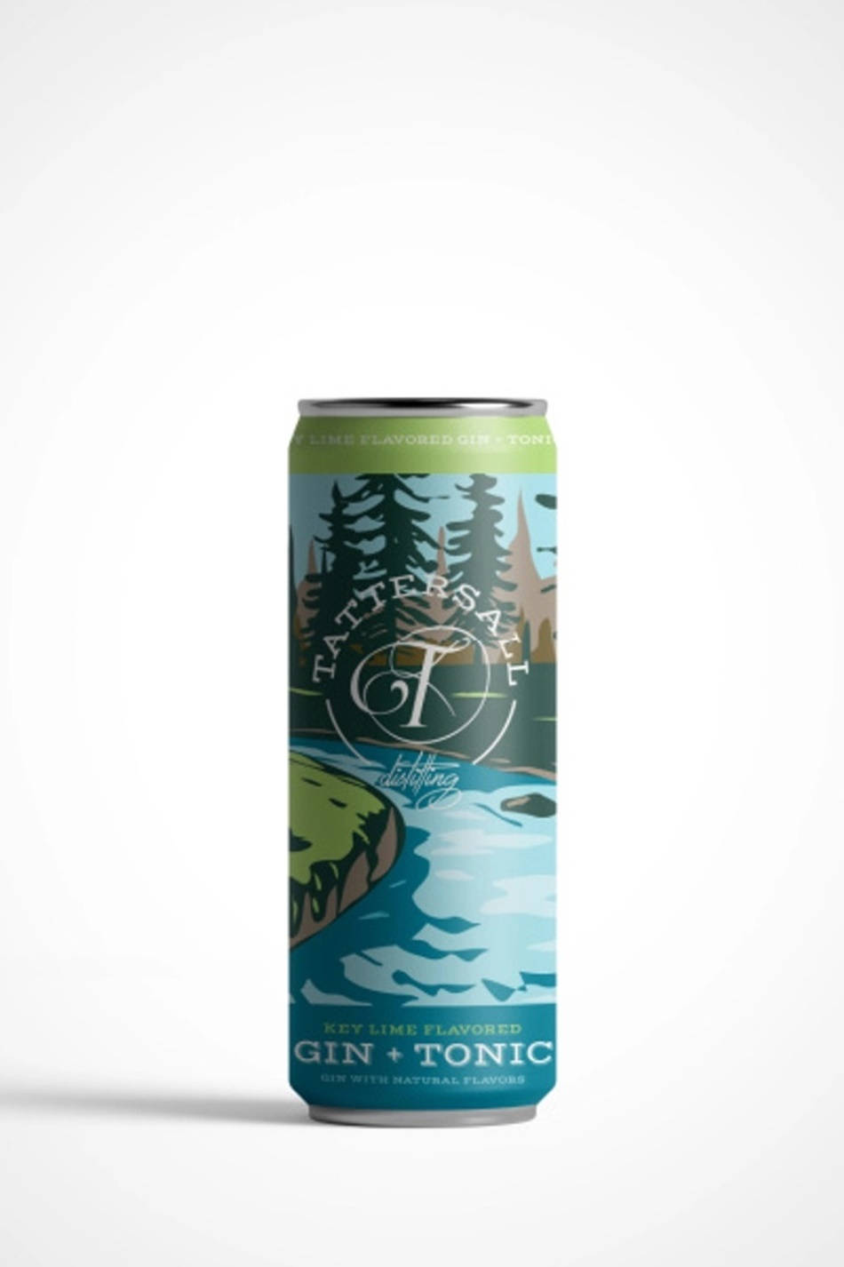 Tattersall Distillery 的清爽琴酒加湯力水雞尾酒 壁紙 — Tattersall Key Lime 味氈酒加通力水嘅纖細鋁罐，上面有風格化嘅森林河流場景，用上清涼嘅藍色同綠色。