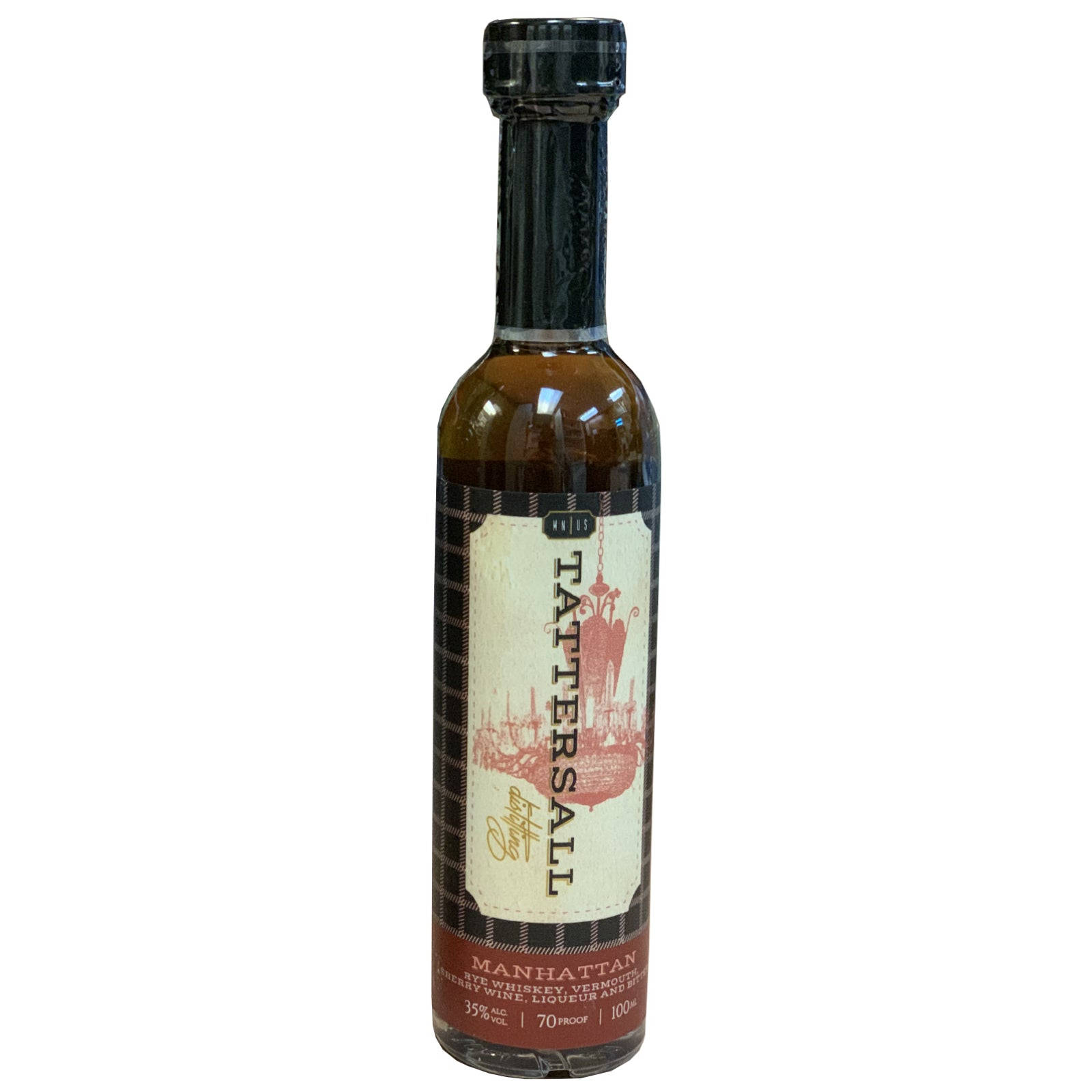 Tattersall曼哈頓雞尾酒混合液瓶，帶有復古標籤和琥珀色液體。