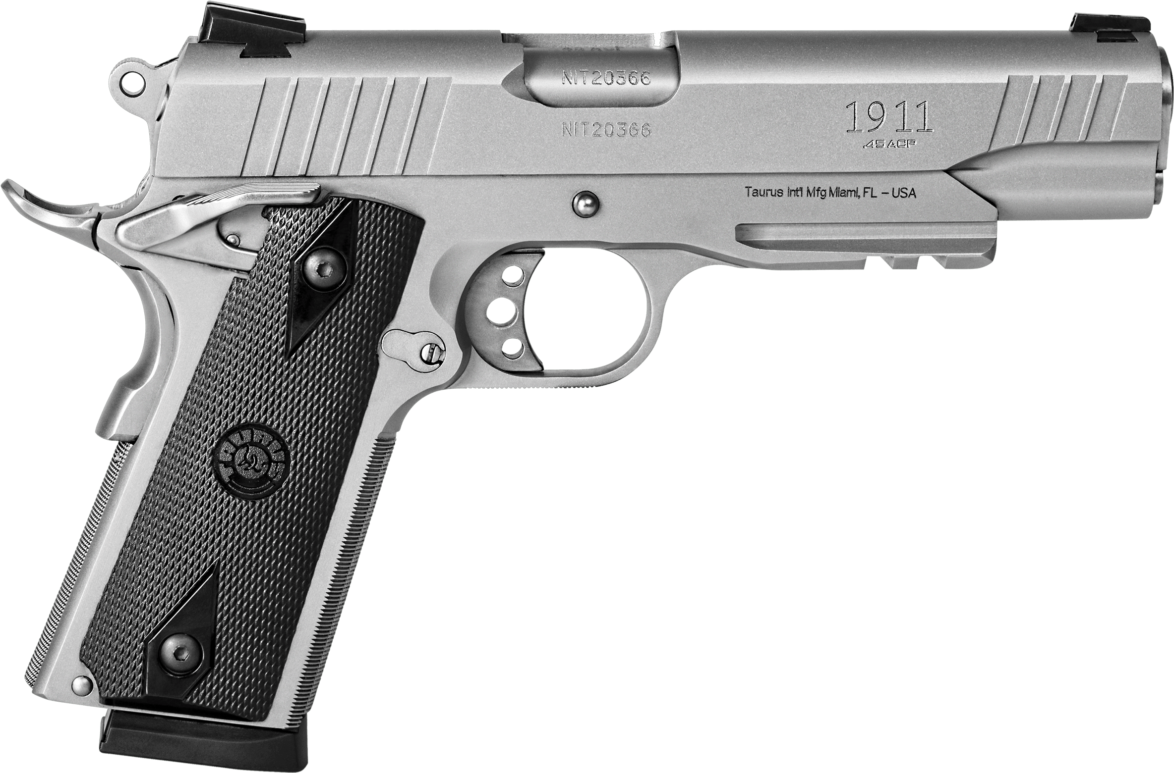 Taurus 1911 銀色手槍 壁紙 — 一把流線型的銀色1911手槍，帶有紋理握把和雕刻細節，孤立在純黑色背景上。