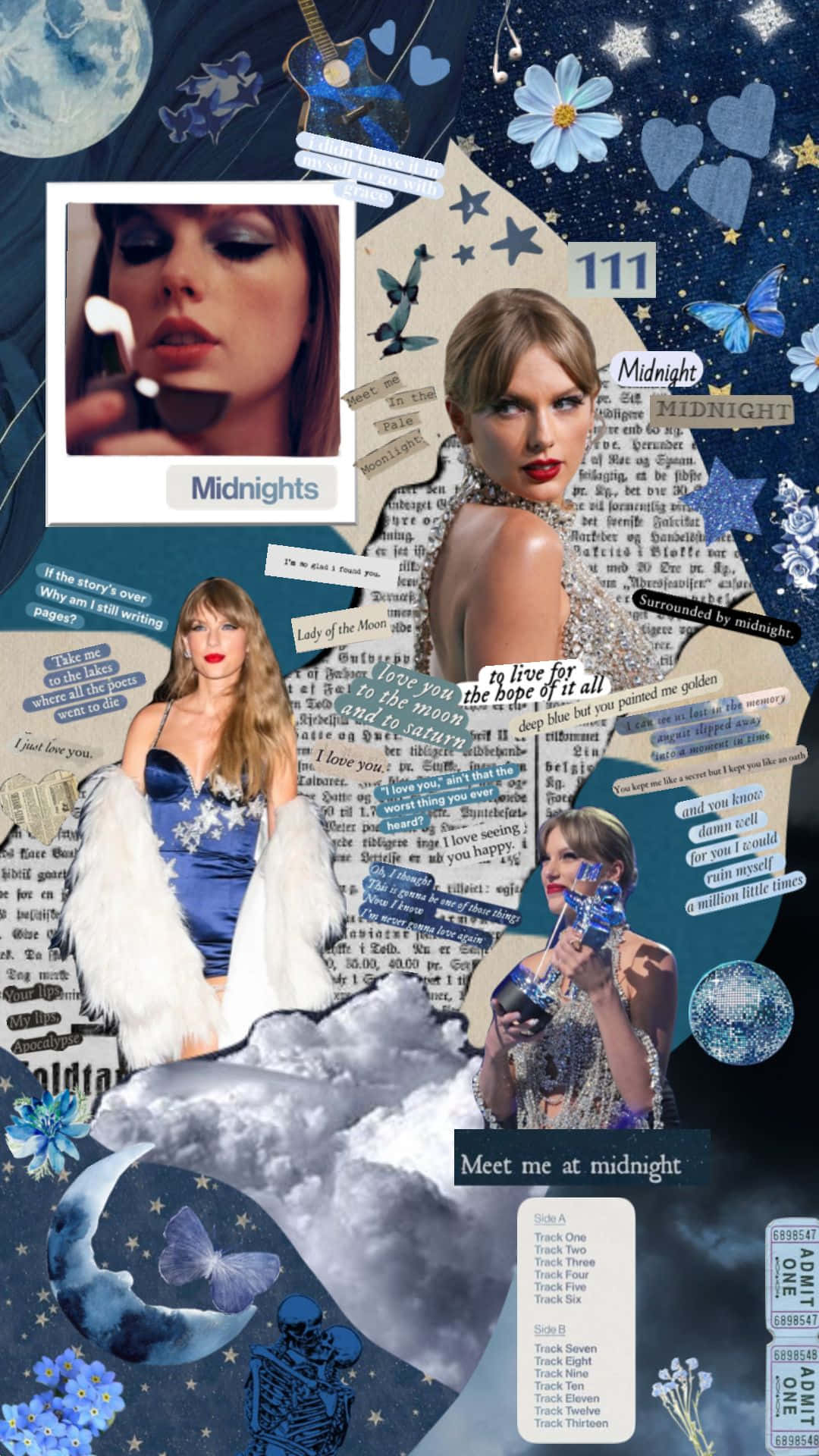  壁紙 — Taylor Swift 身穿藍色服裝的拼貼畫，背景是繁星點點的午夜天空，配有蝴蝶和專輯歌詞。