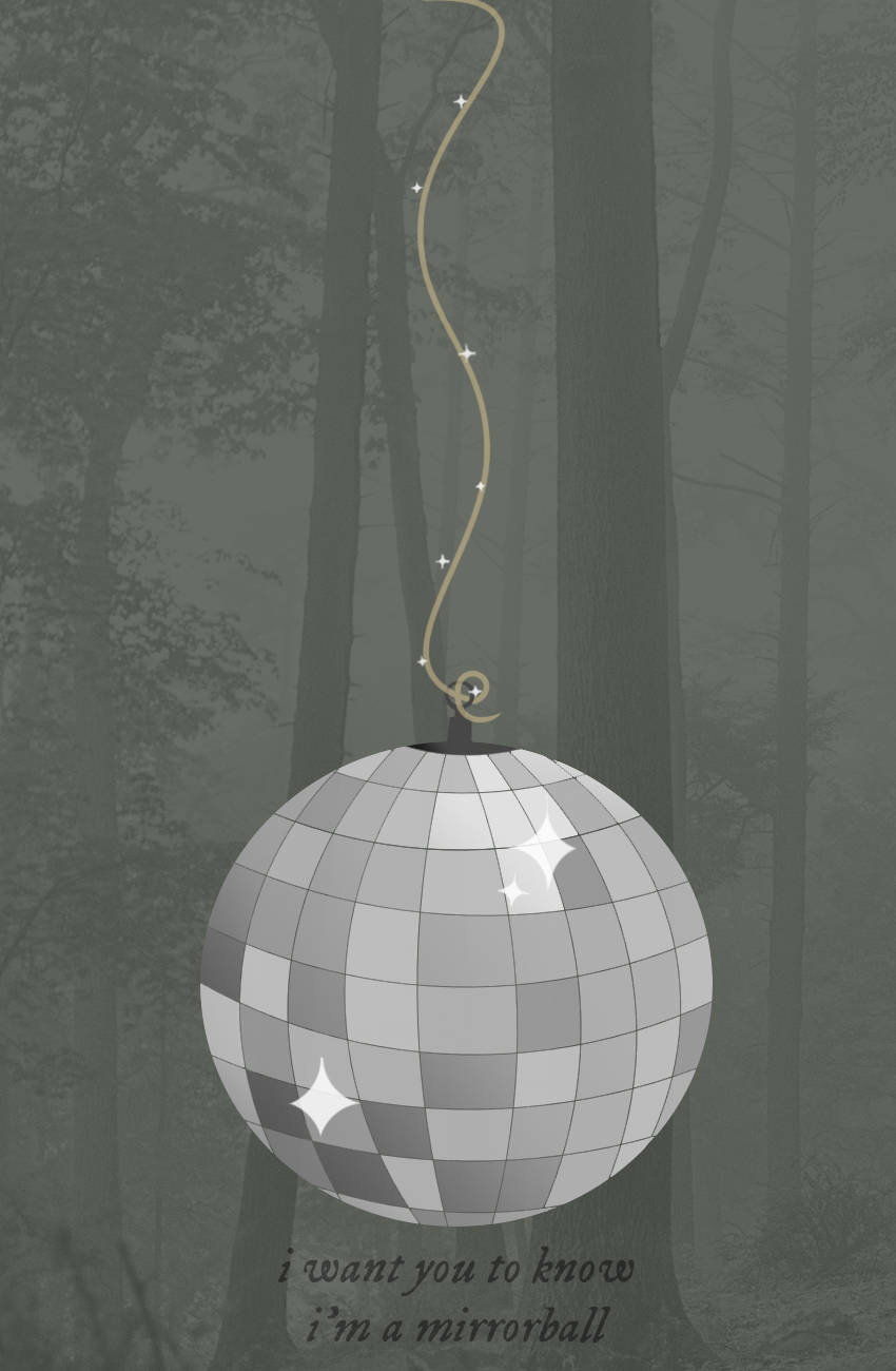 Taylor Swift《Mirrorball》歌詞手機壁紙 壁紙 — 一個迪斯科球懸掛在迷霧森林中，帶有金色繩索和閃爍反射。