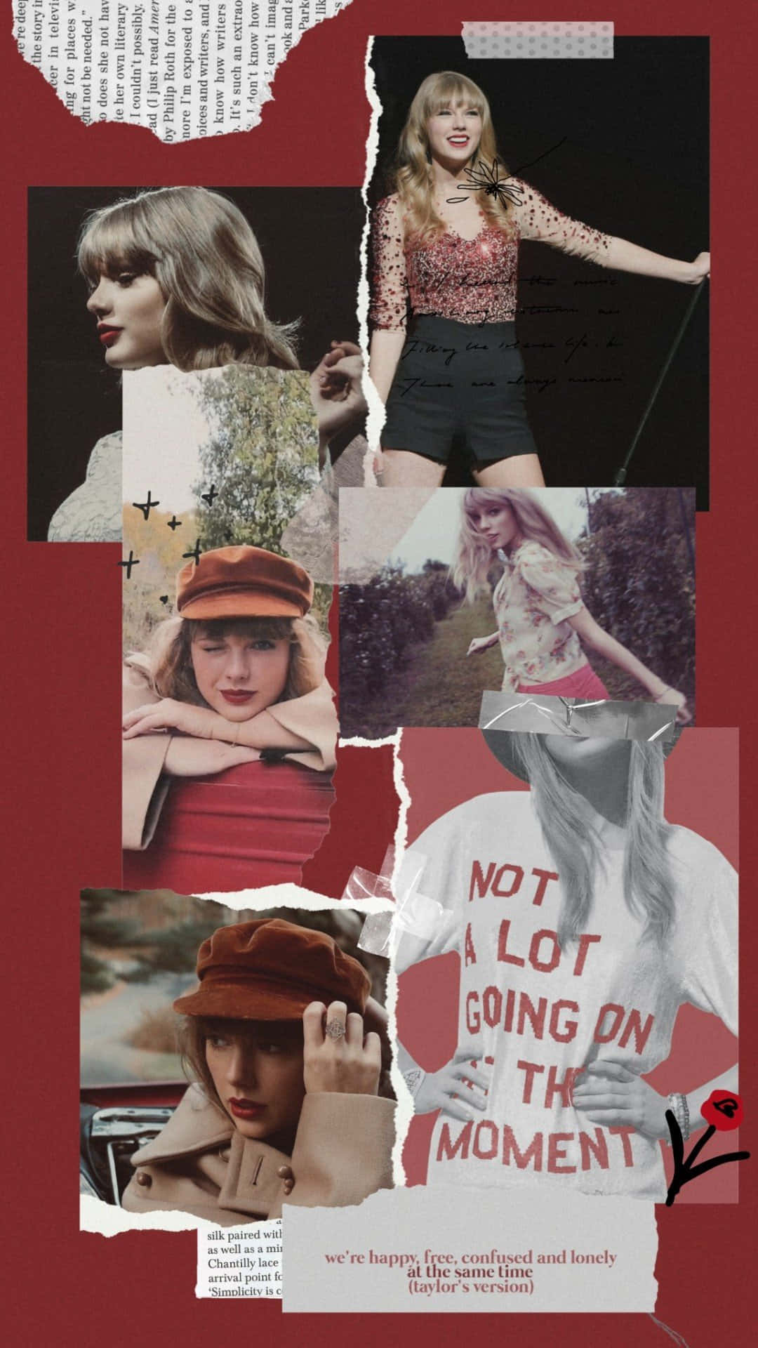Taylor Swift在不同服裝和姿勢下的撕碎照片拼貼，紅色背景上帶有文字。