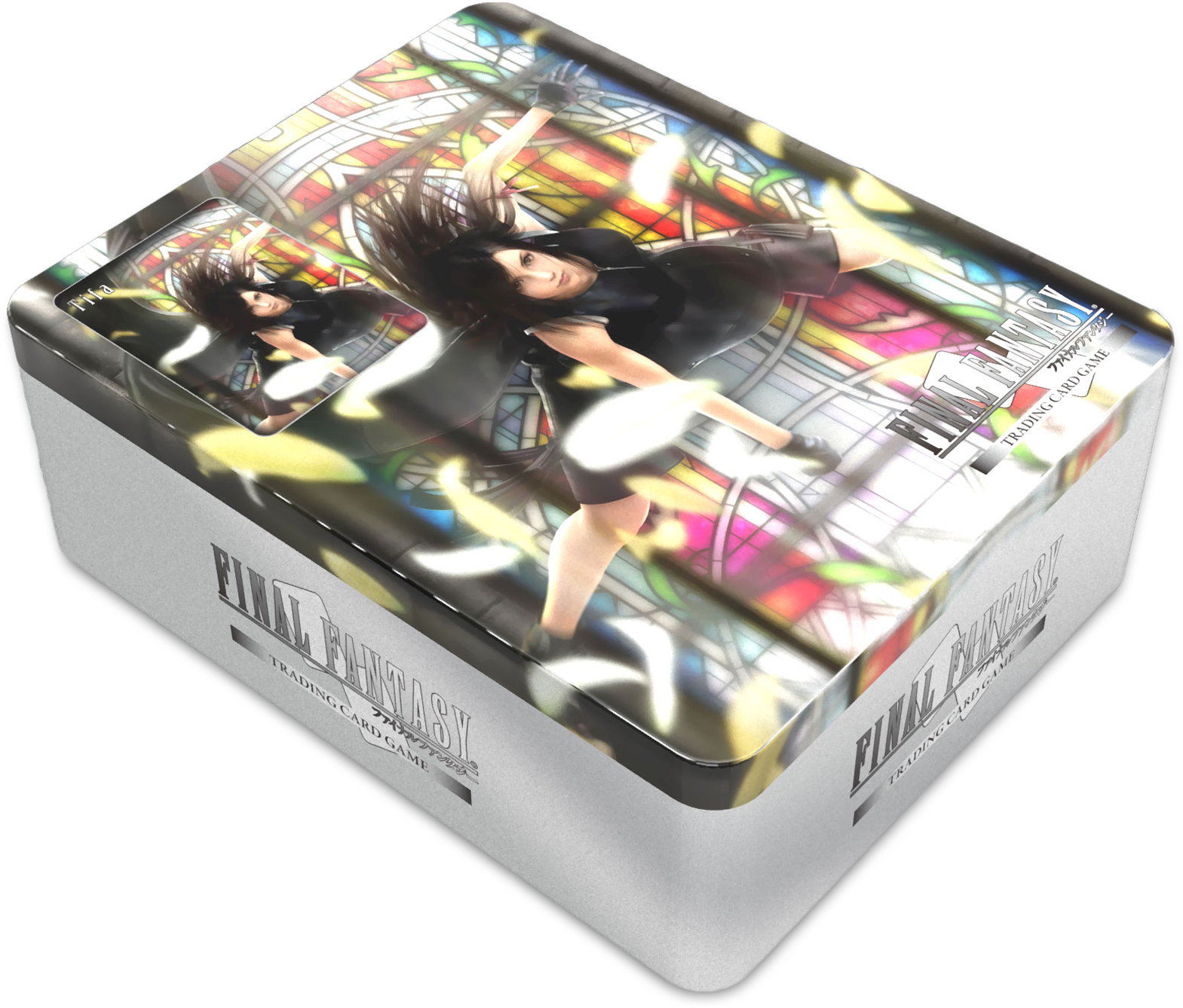 最終幻想TCG收納盒 壁紙 — 一個銀色Final Fantasy集換式卡牌遊戲鐵盒，背景為彩繪玻璃窗，動漫女孩跳躍其中。