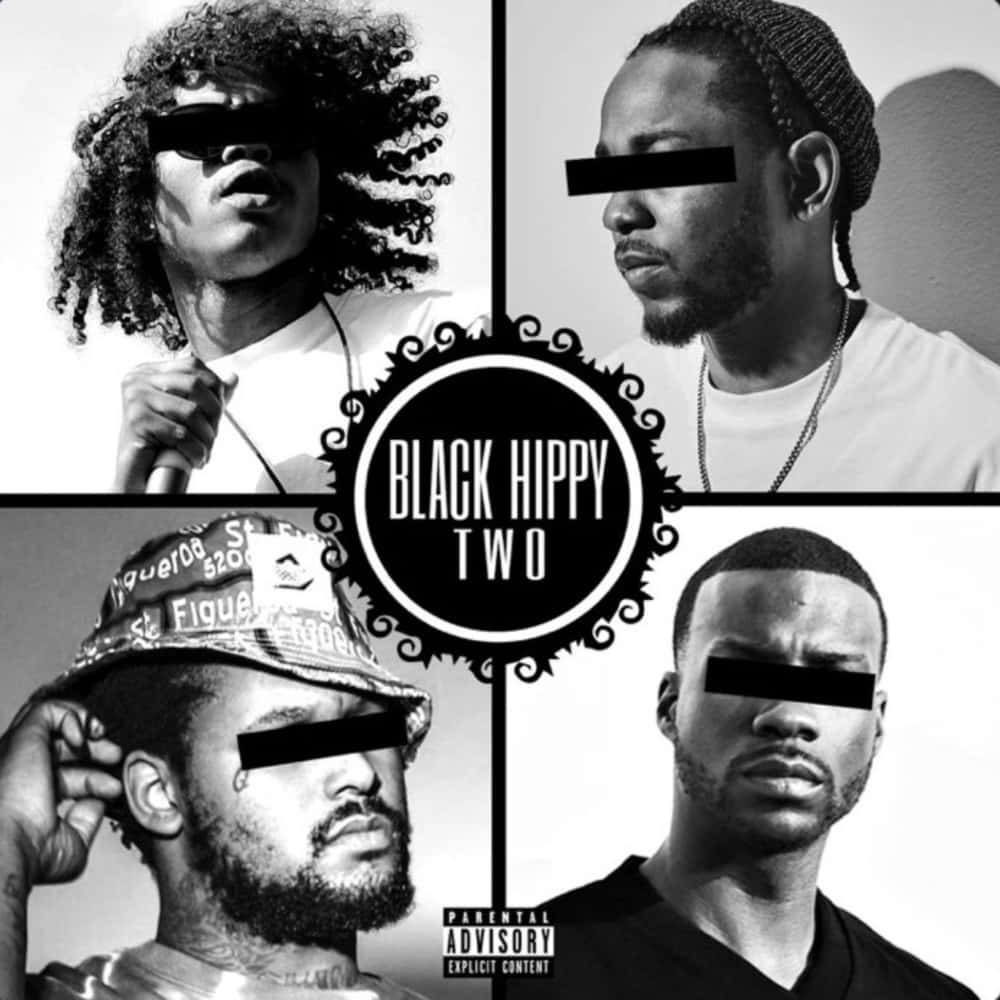 四名男子黑白影像，臉部被遮蓋，帶有Black Hippy Two標誌。