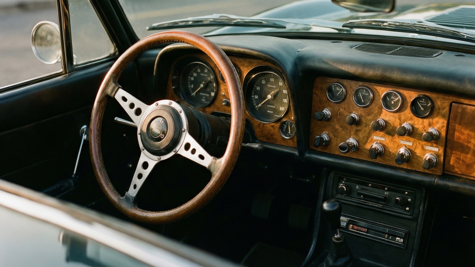 Maserati Indy 桌布 壁紙 — 特寫鏡頭：經典車內飾，配備木質方向盤和指針式儀表，在溫暖陽光下。