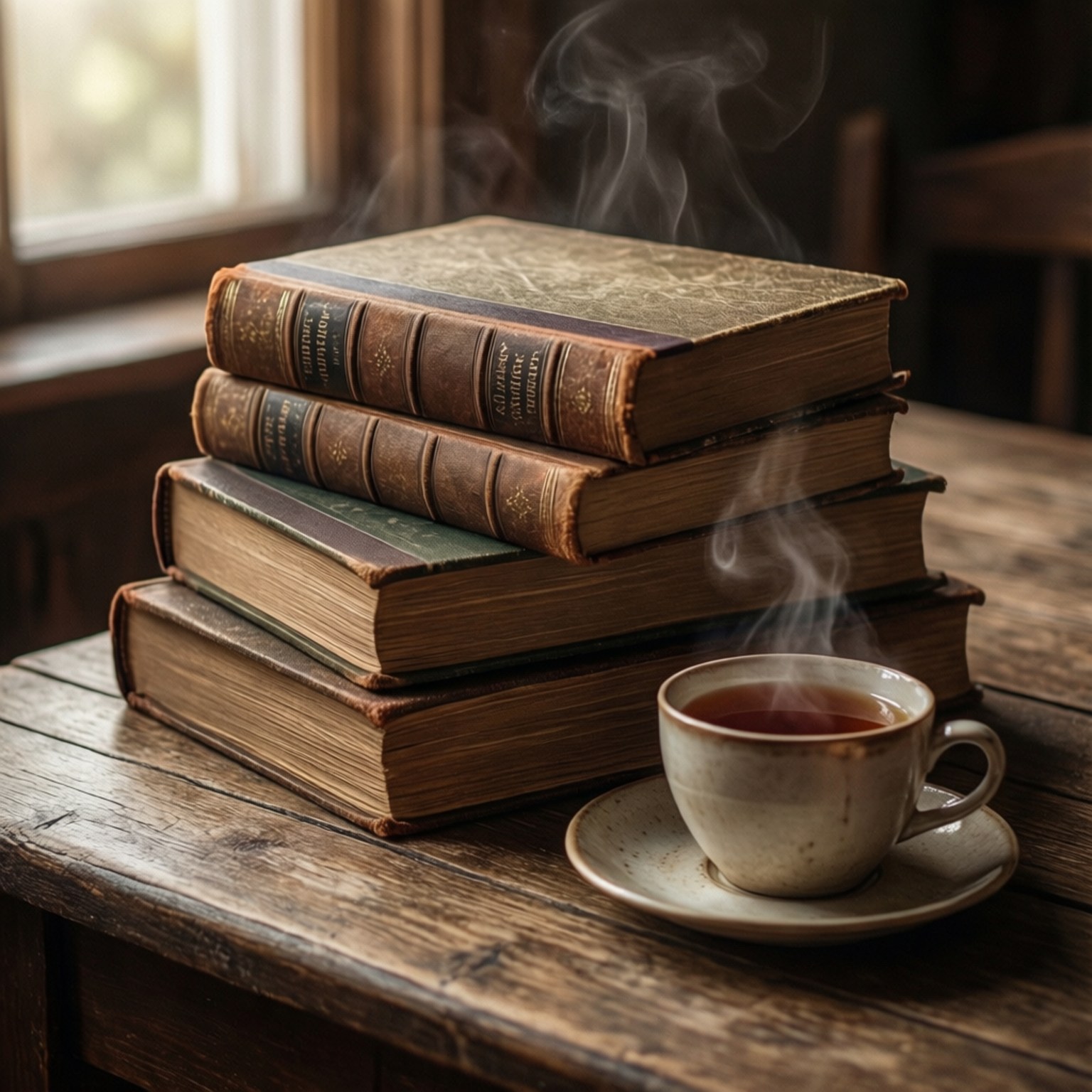 冒煙的茶杯旁邊堆疊舊書在木桌上近窗