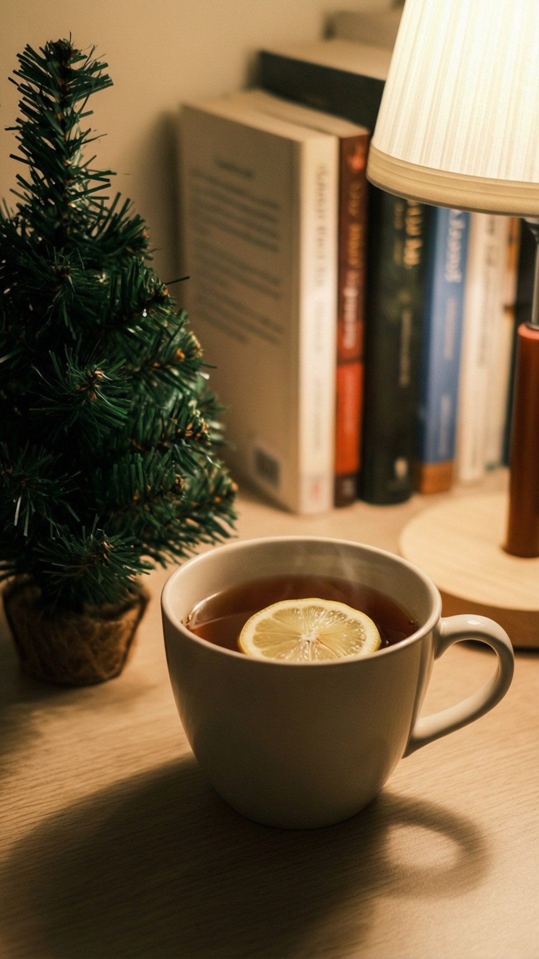 一杯茶配檸檬片放在木桌上，靠近一棵小松樹和書架，在燈下。