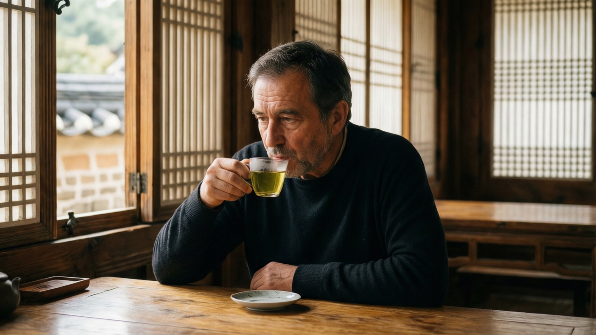 在傳統韓式木造房間喝綠茶的男性