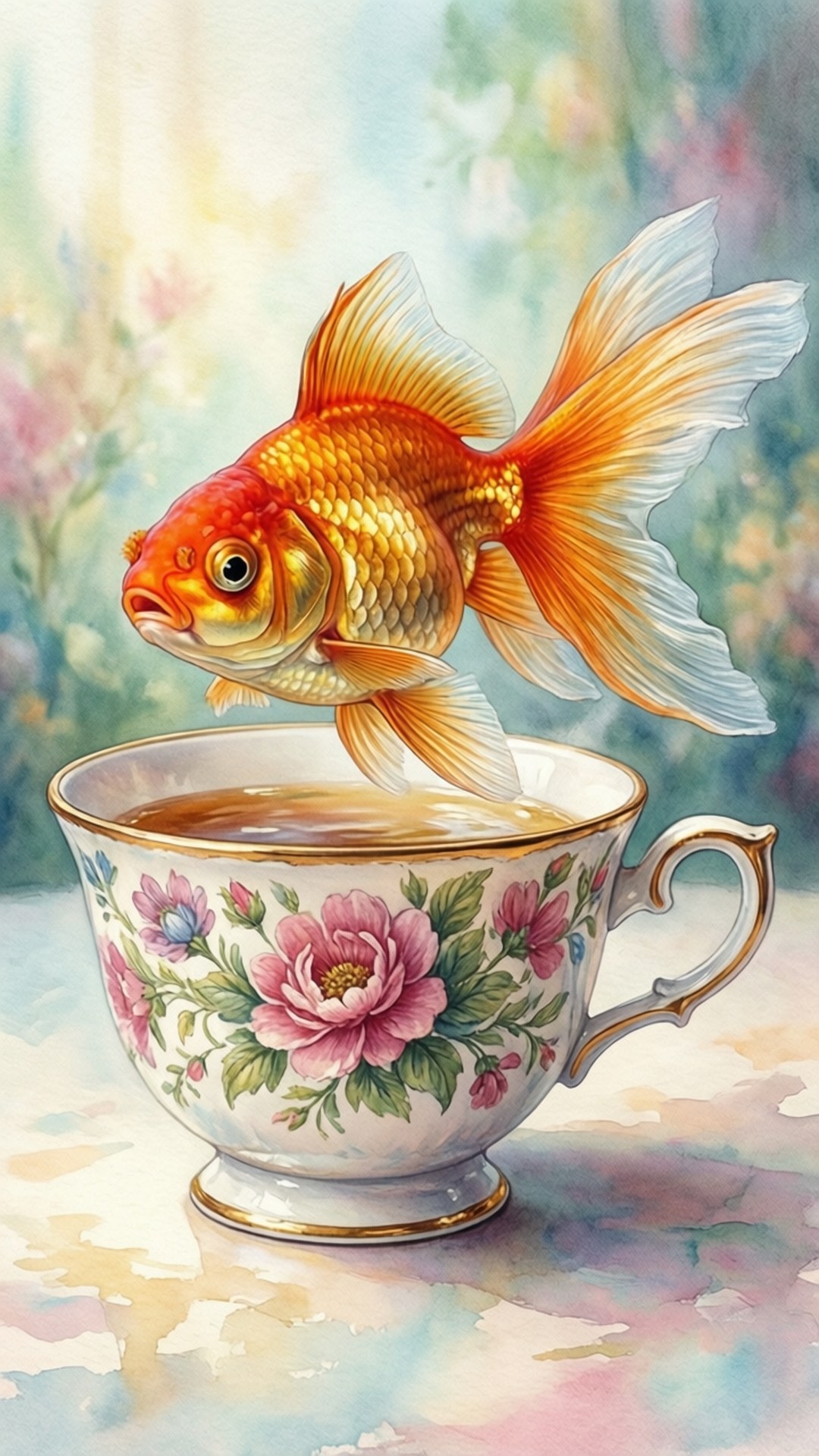 在水彩花園場景中，一條金魚從花卉茶杯中跳出。
