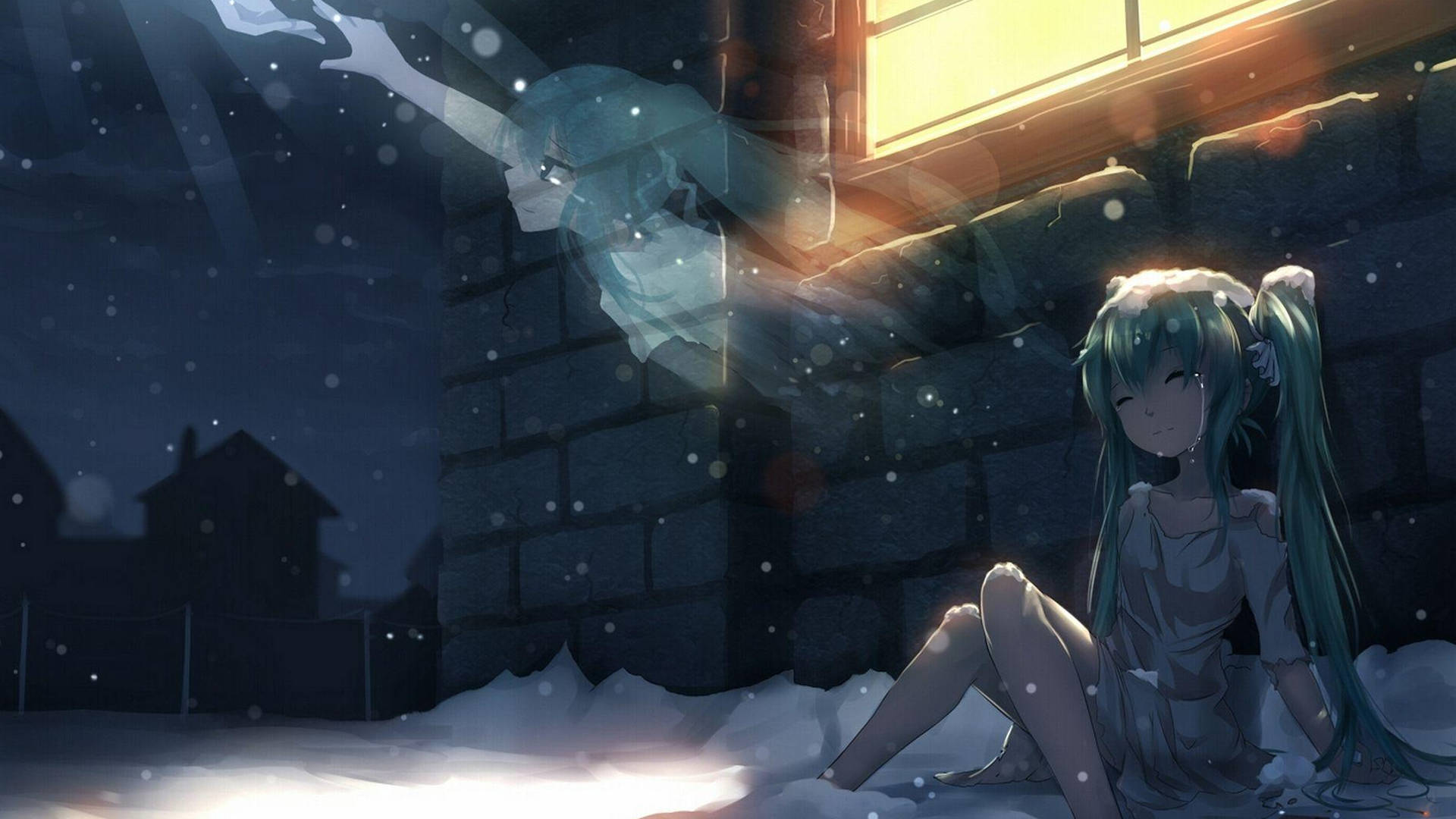 青綠色頭髮的動漫女孩坐在石牆旁的雪地裡，夜晚溫暖窗戶附近有幽靈般的身影。