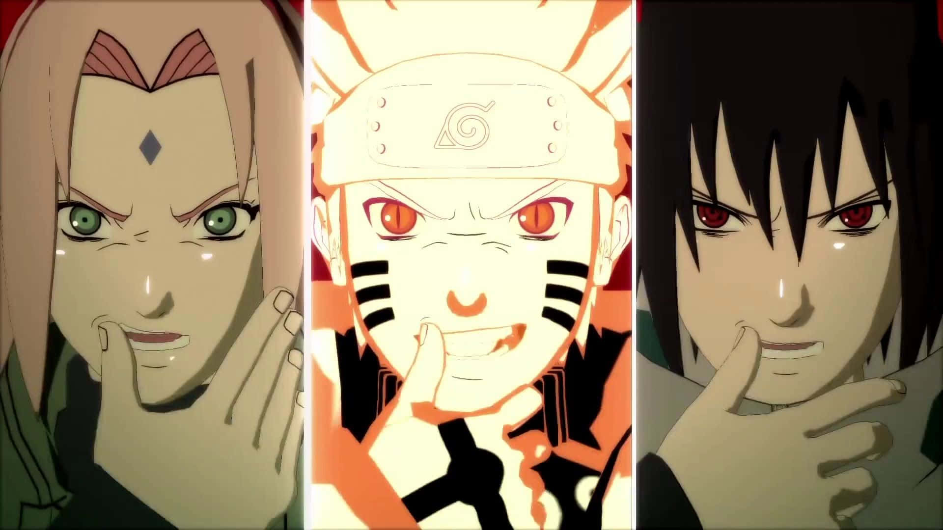 Team 7 —— 一隊不尋常的三人組，承擔不尋常的使命 壁紙 — 三個表情強烈、眼睛發光的動漫角色在風格化的背景前戲劇性地擺姿勢。