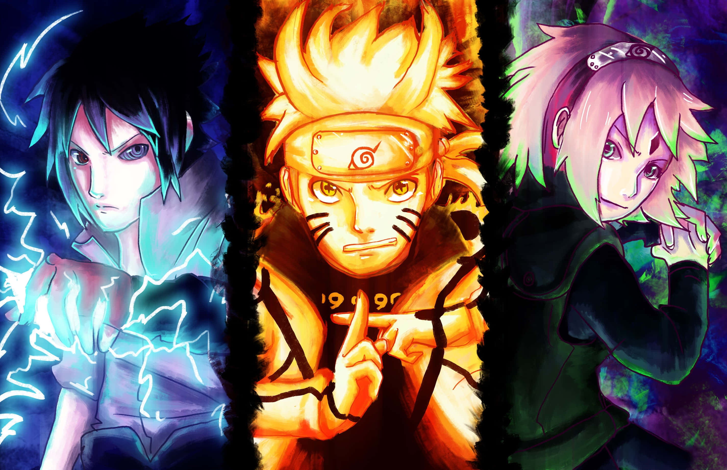 Team 7 已抵達！ 壁紙 — 三個動漫角色在三聯畫構圖中散發出充滿活力的光芒，每個角色都以獨特的色彩組合釋放力量。