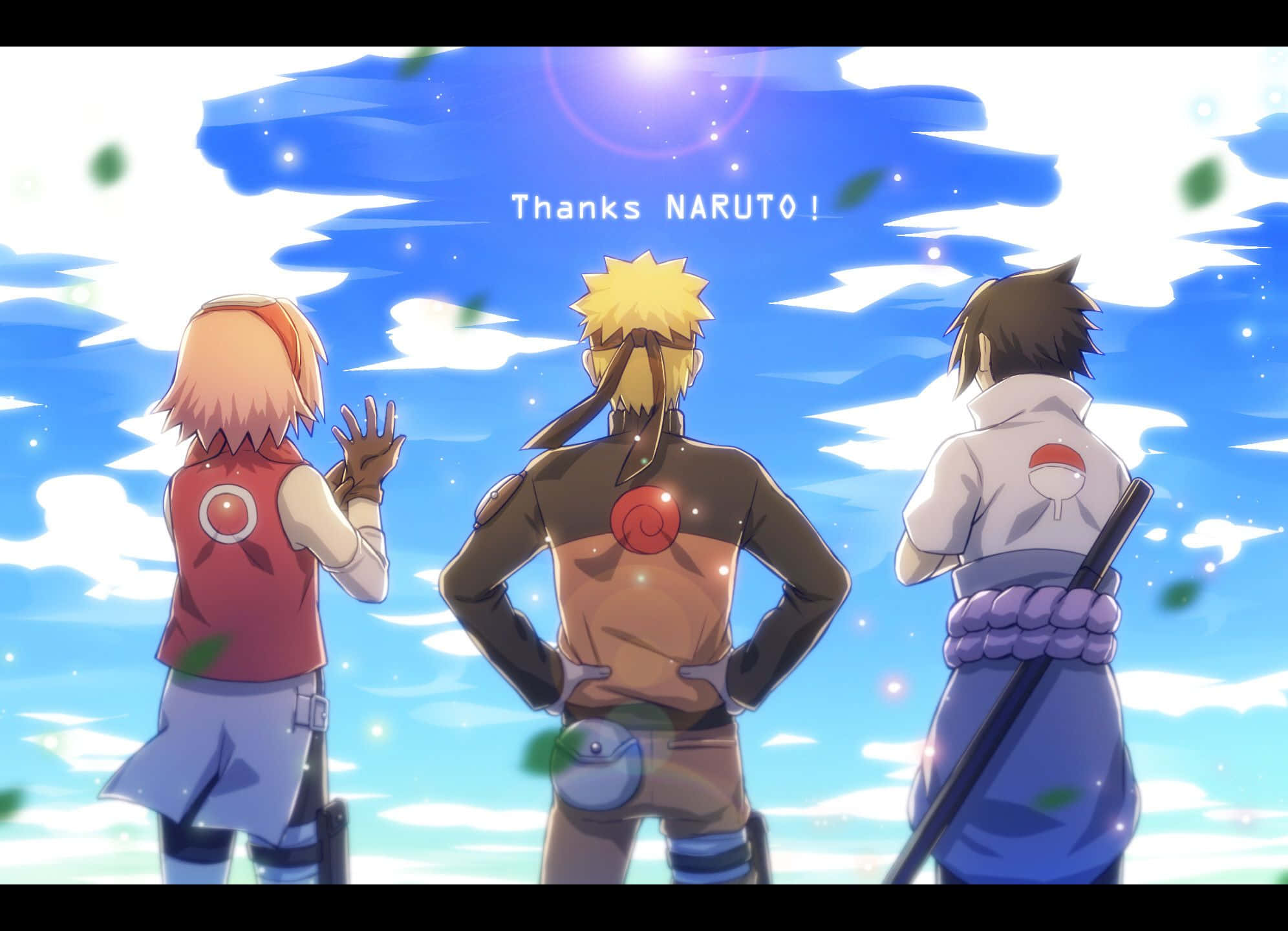 Team 7 鳴人 —— 友情即力量 壁紙 — 三個動漫角色背光站立，背景是明亮的藍天，有飄浮的樹葉和頭頂上發光的太陽。