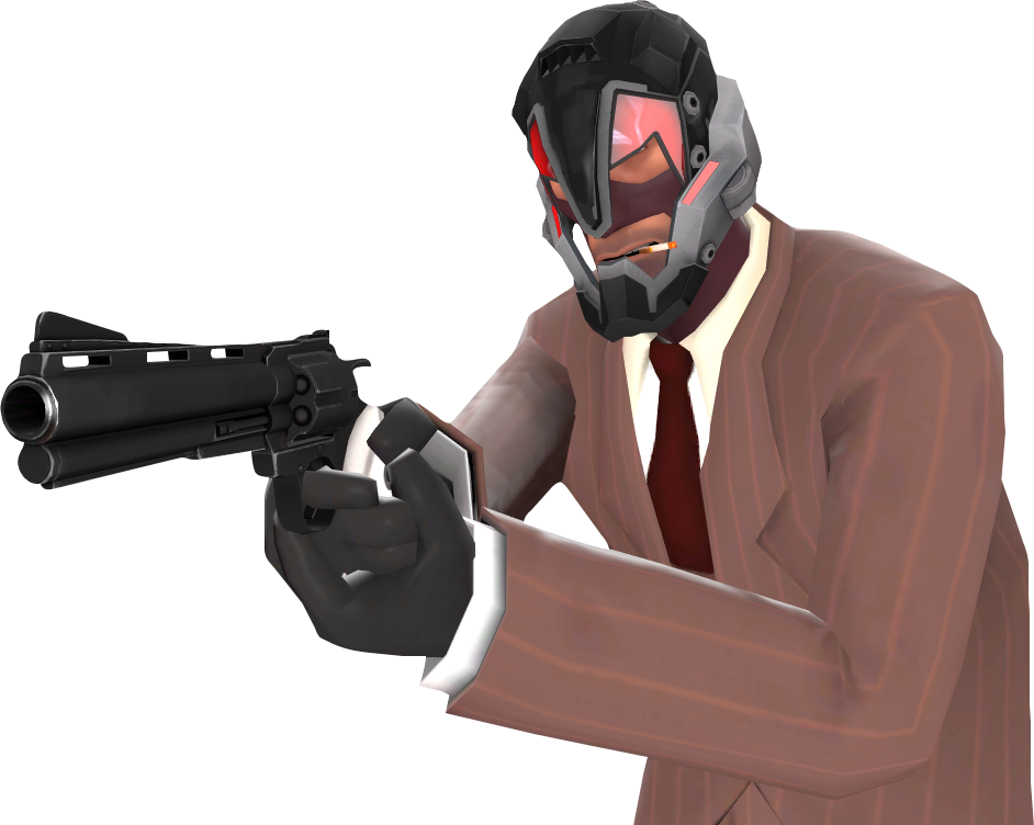 Team Fortress 2 間諜持左輪手槍 壁紙 — 一個低多邊形數碼角色，身穿棕色西裝和未來主義頭盔，對着黑色背景瞄準一把黑色左輪手槍。