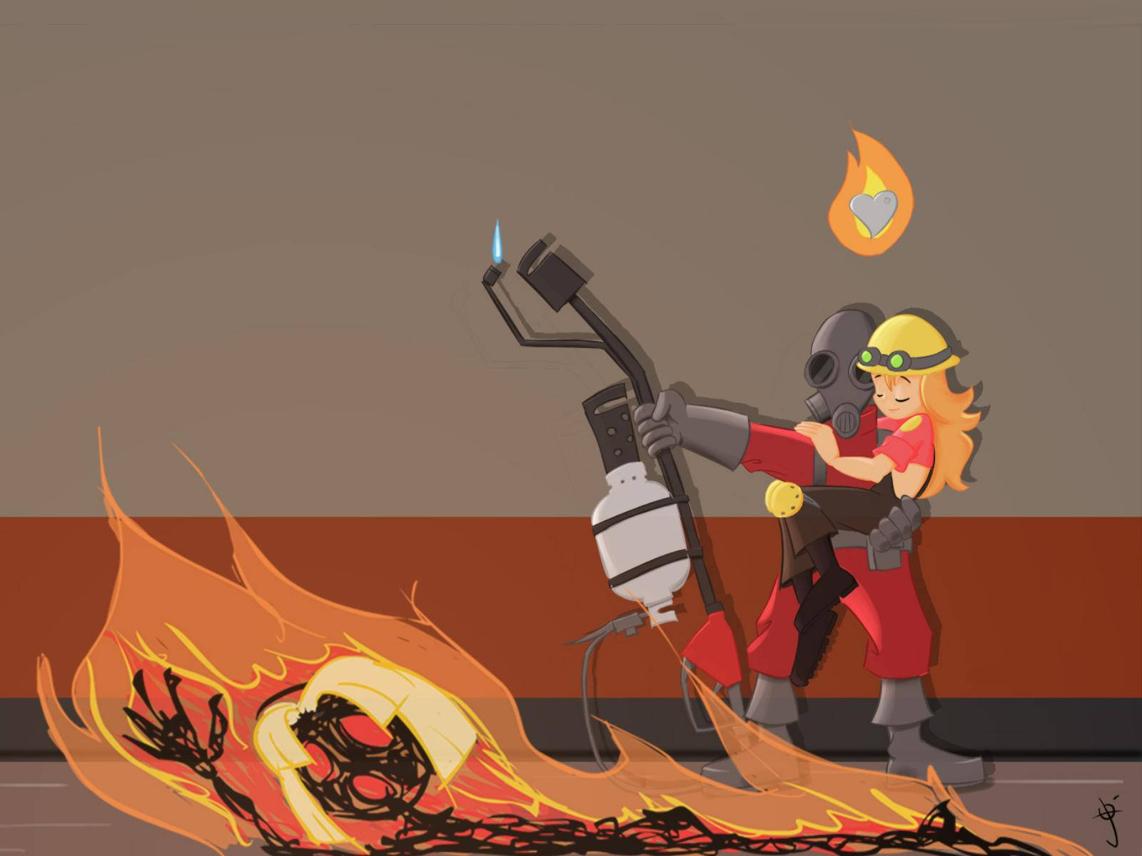 Team Fortress 2 愛情同人圖 壁紙 — 一個開心的消防員女孩穿著紅色裝備，用火焰噴射器對抗火焰，一個燃燒的心臟漂浮在她上方。