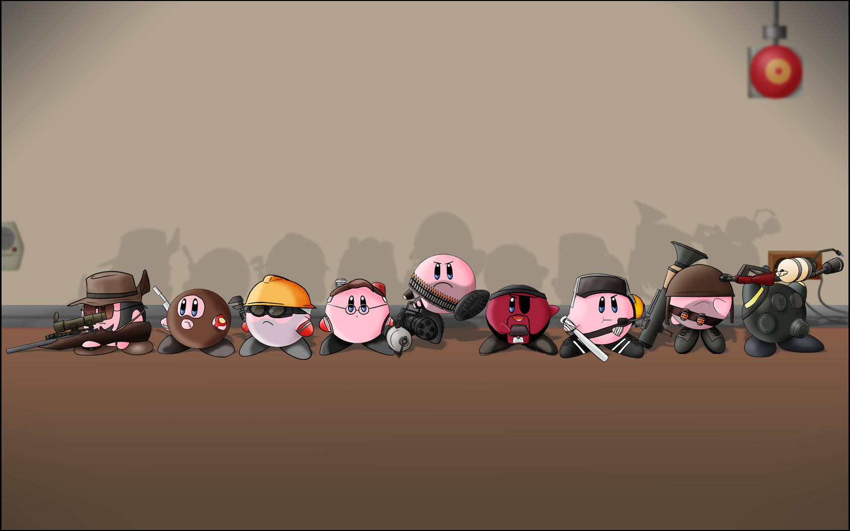 Team Fortress 2 星之卡比風格同人圖 壁紙 — 一排卡通粉紅色角色穿著軍裝，手持各種武器，背景是純米色牆壁。