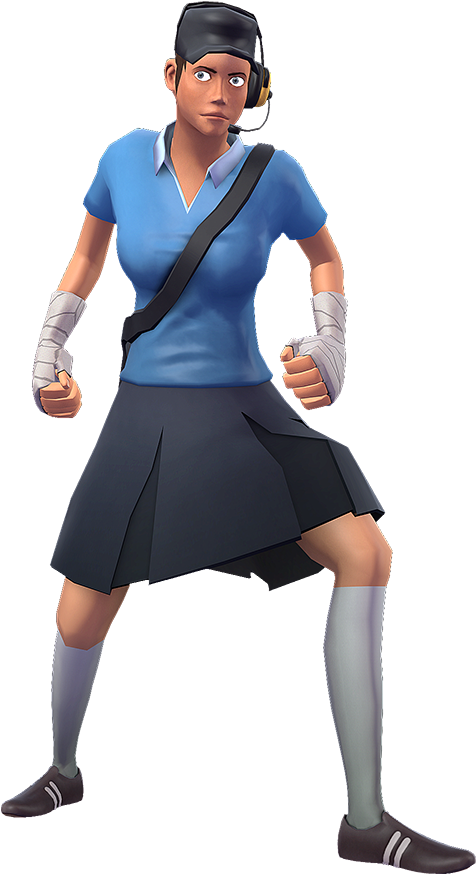 Team Fortress 2 獵人偽裝造型 壁紙 — 一個堅定的動漫風格女孩，身穿藍色Polo衫和深色裙子，準備好，拳頭纏著繃帶，戴著耳機。