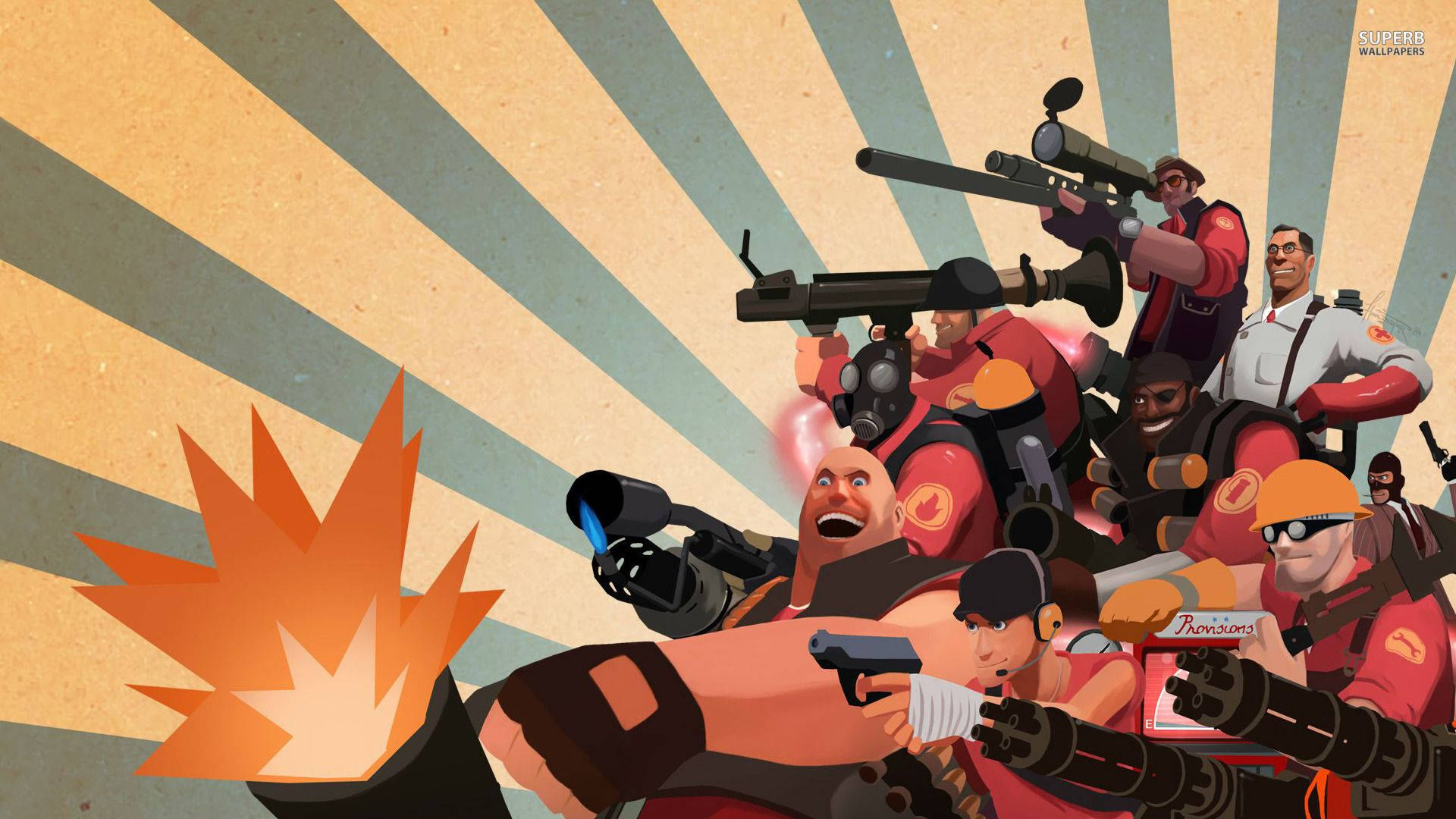 Team Fortress 2 向量藝術 壁紙 — 一群動態的動畫僱傭兵穿著紅色裝備，在爆炸的背景下向陽光背景開火。