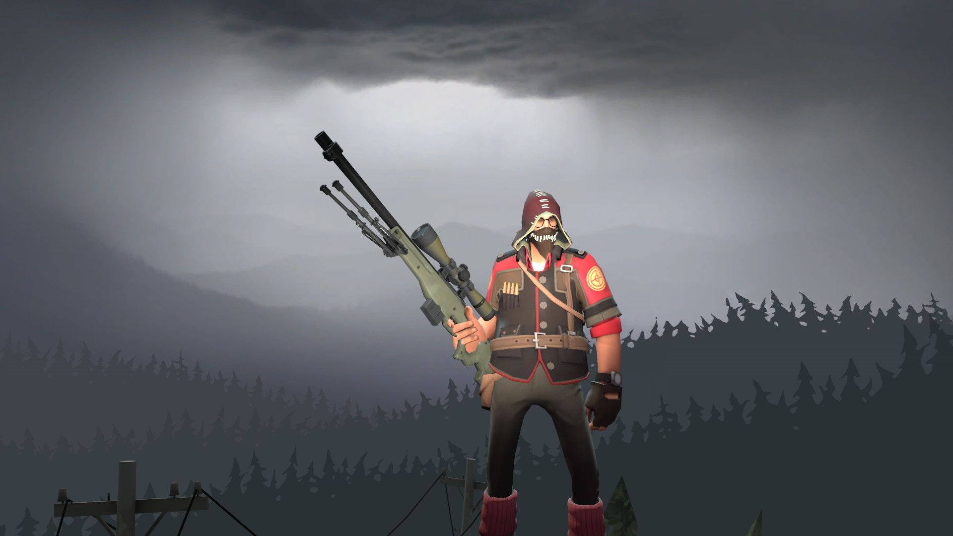 Team Fortress 2 狙擊手海報 壁紙 — 一個身穿紅色制服的骷髏士兵，在風雨交加的山脈背景下，手持狙擊步槍，背景有深色松樹。